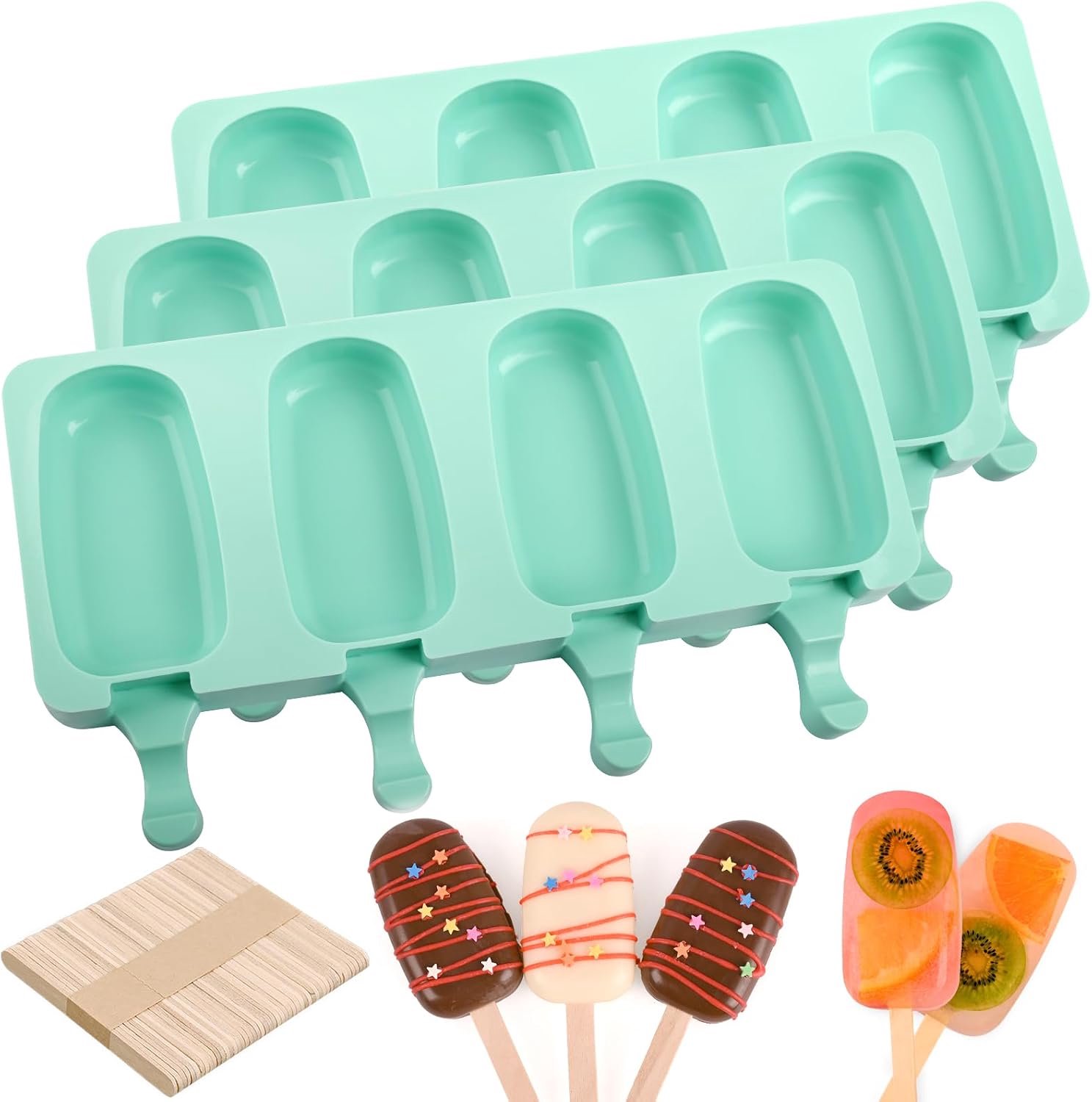 Sakolla Grote siliconen ijslollyvormpjes set van 3, ovaal 4 holtes, zelfgemaakte ijslollyvormpjes met 150 houten stokjes voor ijs, cakesicles, cakepop (groen)