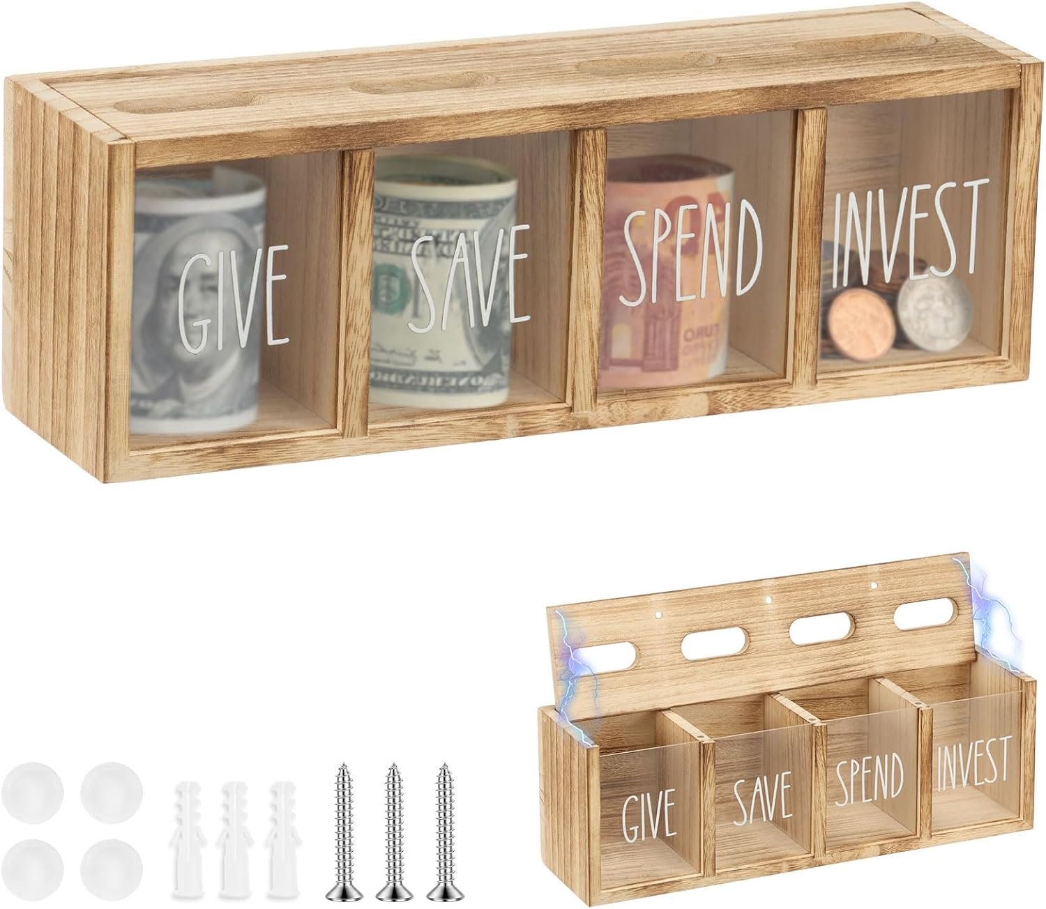 Spaarpot van hout, 4 vakken, geldbox om te geven, te besparen, uitgeven en te investeren, wandmontage, spaarpot met transparante acrylplaat, voor kinderen en volwassenen (lichtbruin)