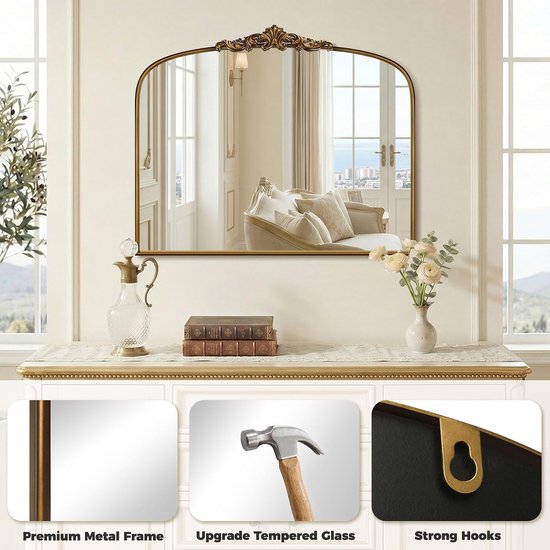 Vintage gouden, sierlijke barokke spiegel - 36 x 30 inch gebogen antiek messing spiegel met volledig metalen frame - ideaal voor entree, open haard, woonkamer, hal, badkamer — afbeelding 4