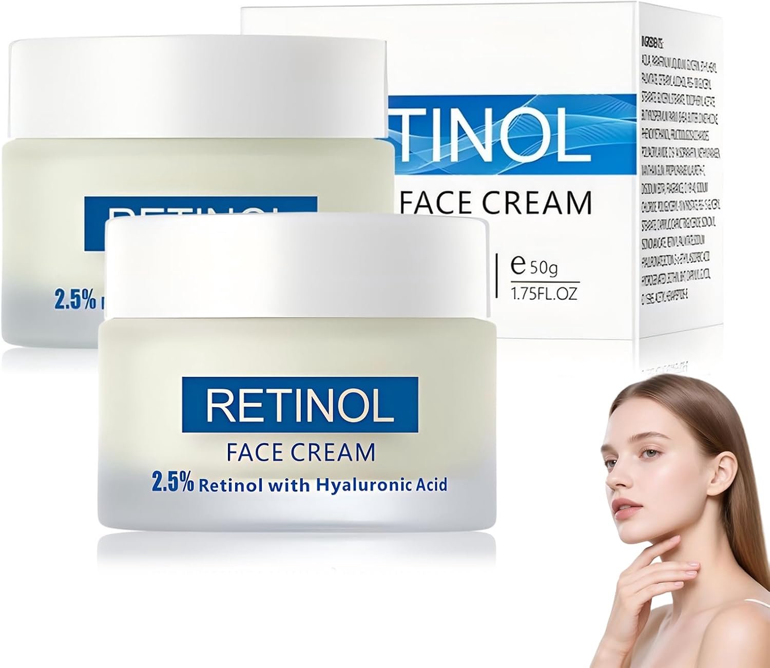 Vochtinbrengende crème met hyaluronzuur en retinol, 2 stuks, verstevigende verzorging tegen eerste huidveroudering, vermindert fijne lijntjes, voedende anti-aging gezichtscrème