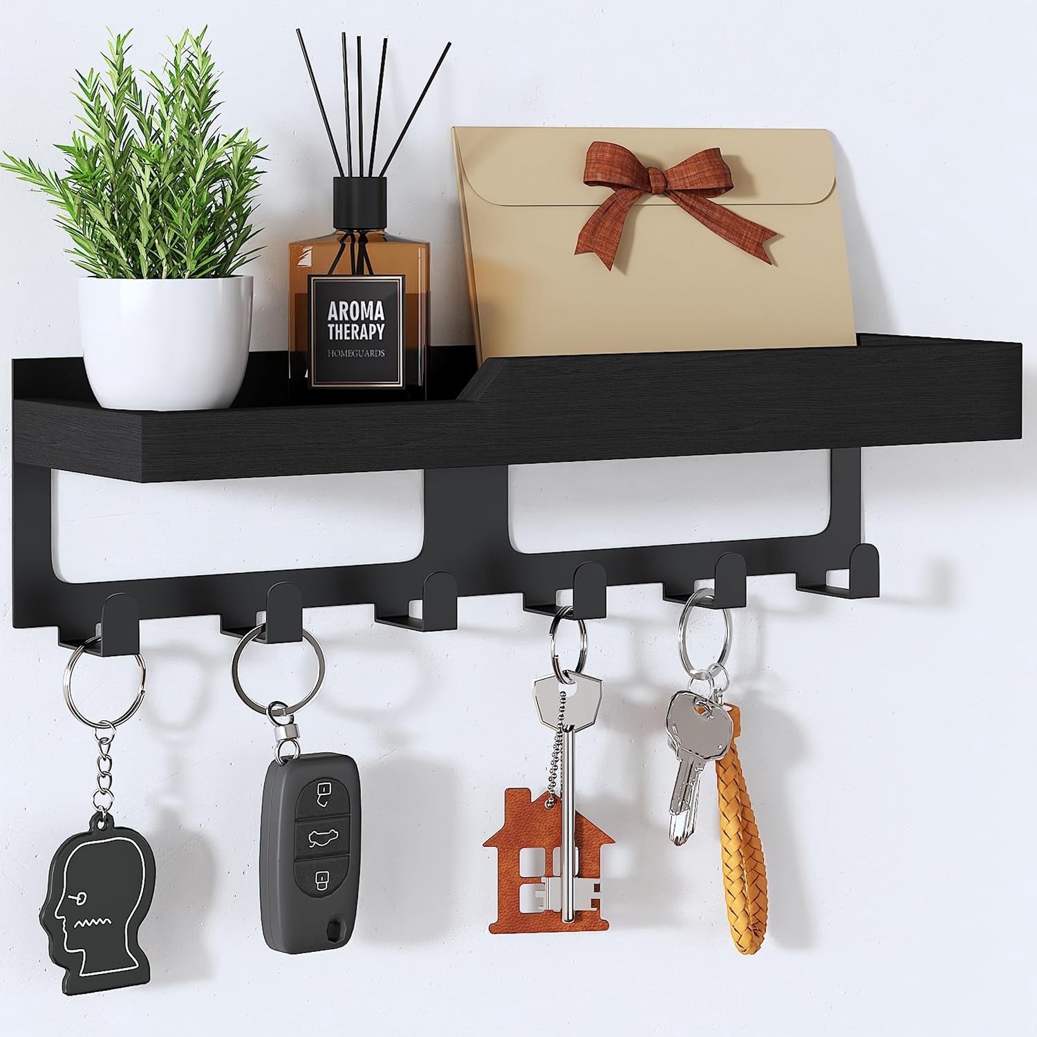 Muurbeugel voor Sleutels met Houten Tray en 6 Haakjes, Sleutelhouder, Postorganizer voor Hal, Entree en Kantoor