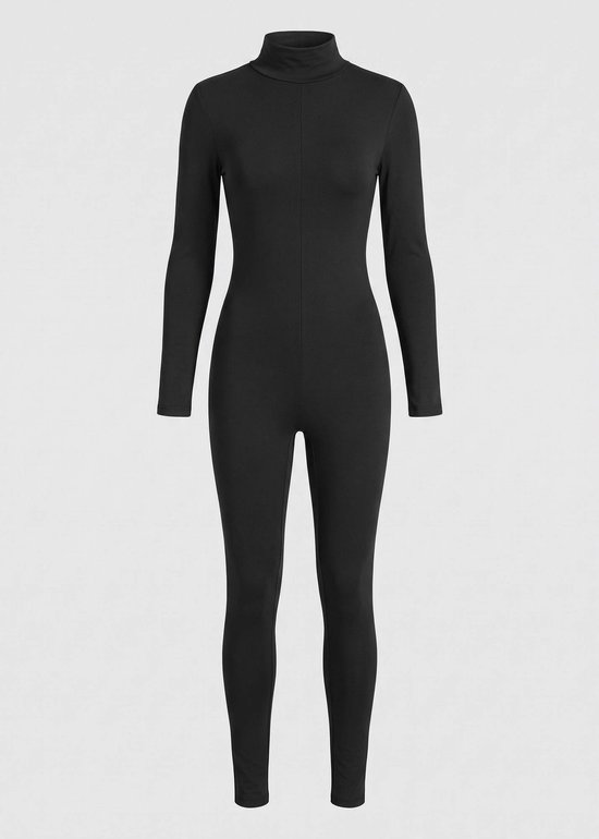 Zwarte nauwsluitende jumpsuit met coltrui en lange mouwen.
