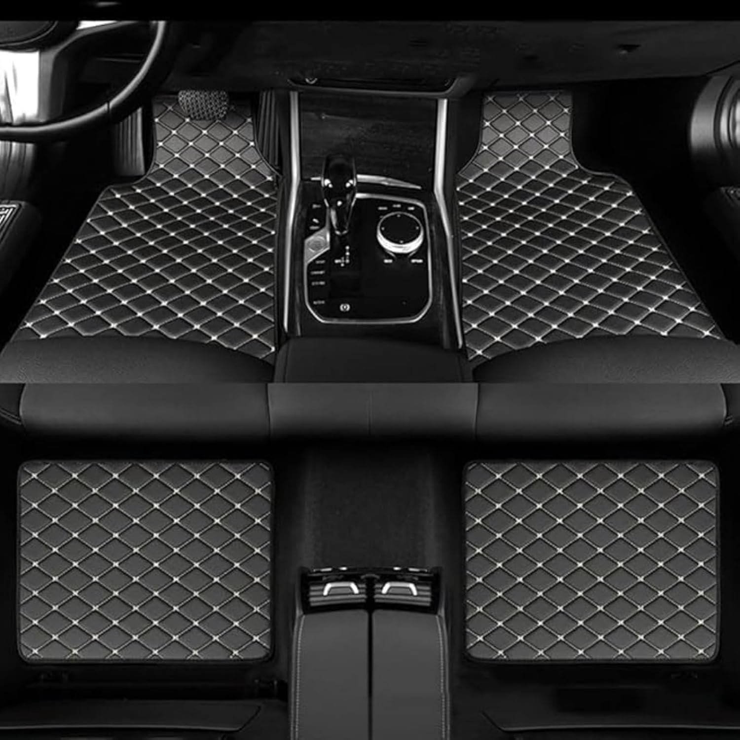 Leren Autovloermatten Set 4-delig voor Cupra Born 2021-2025, Leer Ruitvormig Rooster Waterdicht Alle Weersomstandigheden Automatten,Black-White