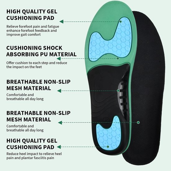Comfortabele orthopedische inlegzolen voor hielspoor en platvoeten, antislip, maat 43-44 EU, optimale ondersteuning en demping voor heren en dames — afbeelding 2