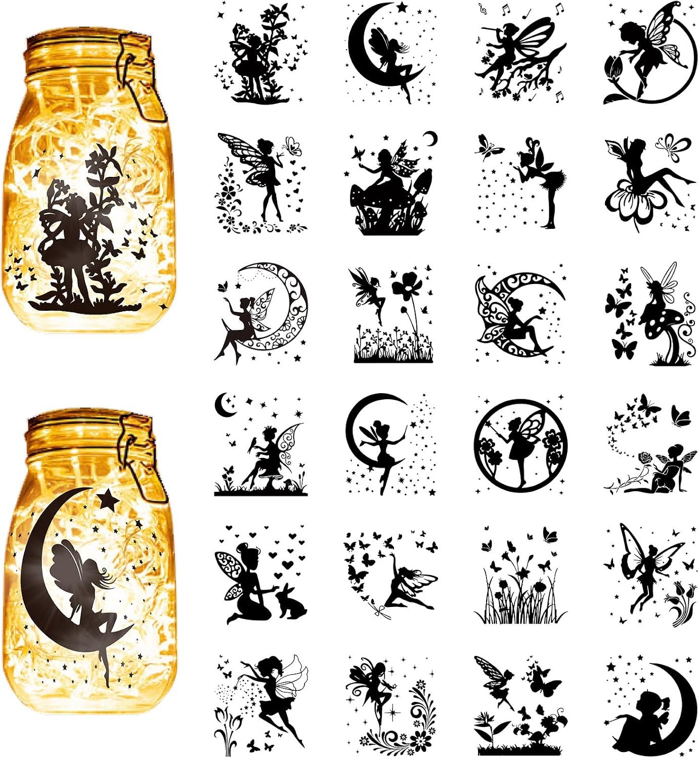 CREATCABIN 24pcs Fairy Silhouettes Mason Jar Decor Lantern Laser Cutouts Decoration Plastic Scrapbook Embellishment for Pots Wall Windows Glass Car De