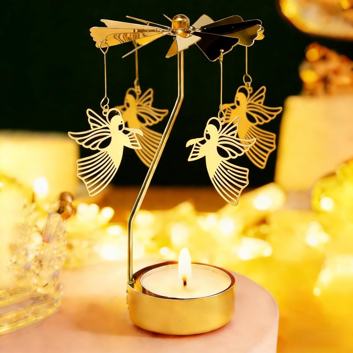 Roterende theelichthouder gouden met engel - metalen kandelaar - voor sfeervolle decoratie - ShopVlot
