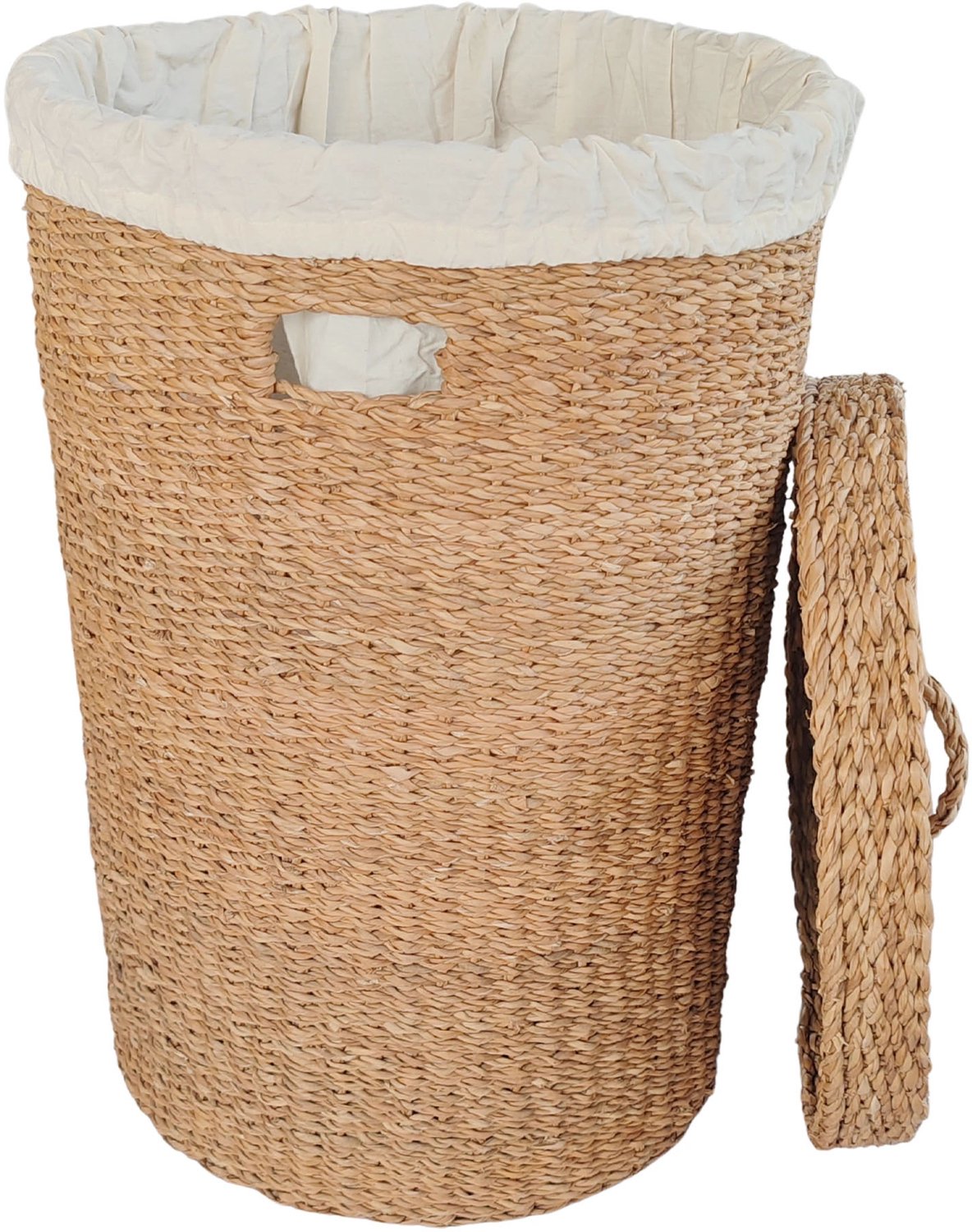 Ronde wasmand met deksel – zeegras – 75 liter – met waszak – naturel