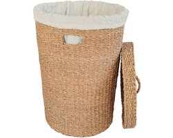Ronde wasmand met deksel – zeegras – 75 liter – met waszak – naturel