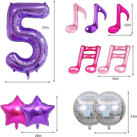 10 stuks Kpop verjaardagsdecoratie, notenbalken-ballonnen, lila, 101,6 cm, cijferfolieballon, discobal ballonnen voor Kpop zangers, magische muziek motto party benodigdheden (nummer 6) — afbeelding 5