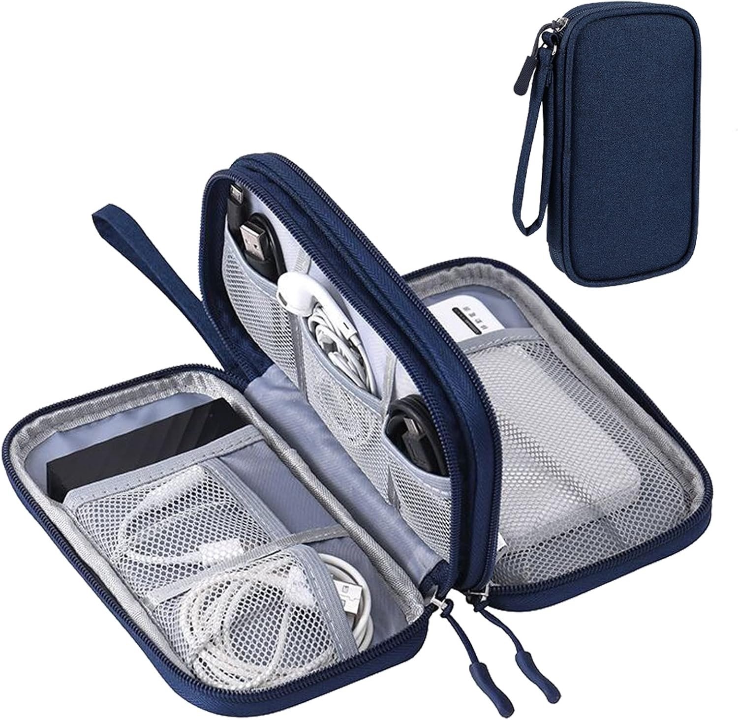Waterdichte Kabel Organizer voor Elektronica - Dubbele Laag Reisaccessoires voor Opladers, USB-kabels en Powerbanks - Navy Blauw