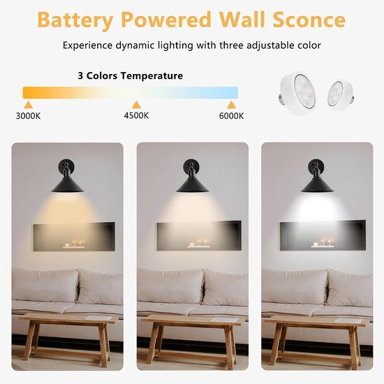 Vintage Wandlamp op batterijen, 2 stuks (zwart) — afbeelding 4