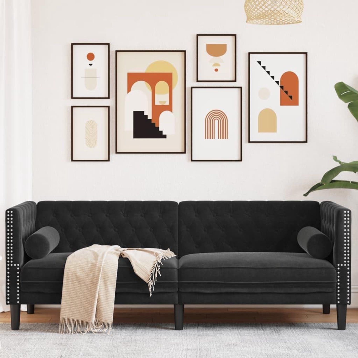 Chesterfield-bank met nekrollen, 3-zits, zwart, fluweel, klassieke Chesterfield-fauteuil met fluwelen bekleding en knoopstiksels voor stijlvol comfort