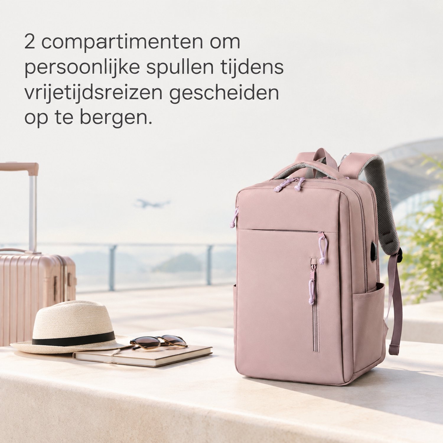 Rugzak - 2 compartimenten - gevoerde schouderbanden - voor vrijetijdsreizen - roze