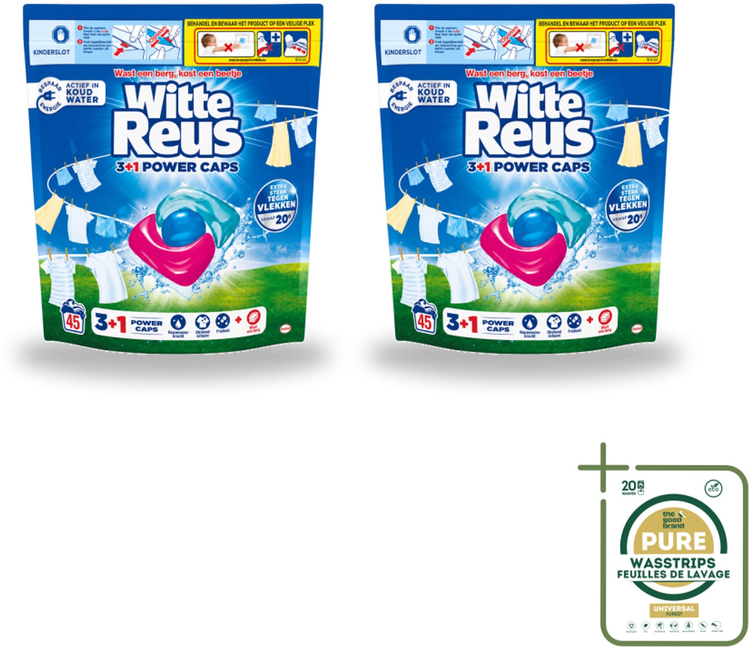 2 x Witte Reus - 3+1 Power Caps - Witte Was - 45 Wasbeurten - Wasstrips - Wasmiddel - Witte Was - Wascapsule - 3-in-1 Wasmiddel - Vlekverwijdering