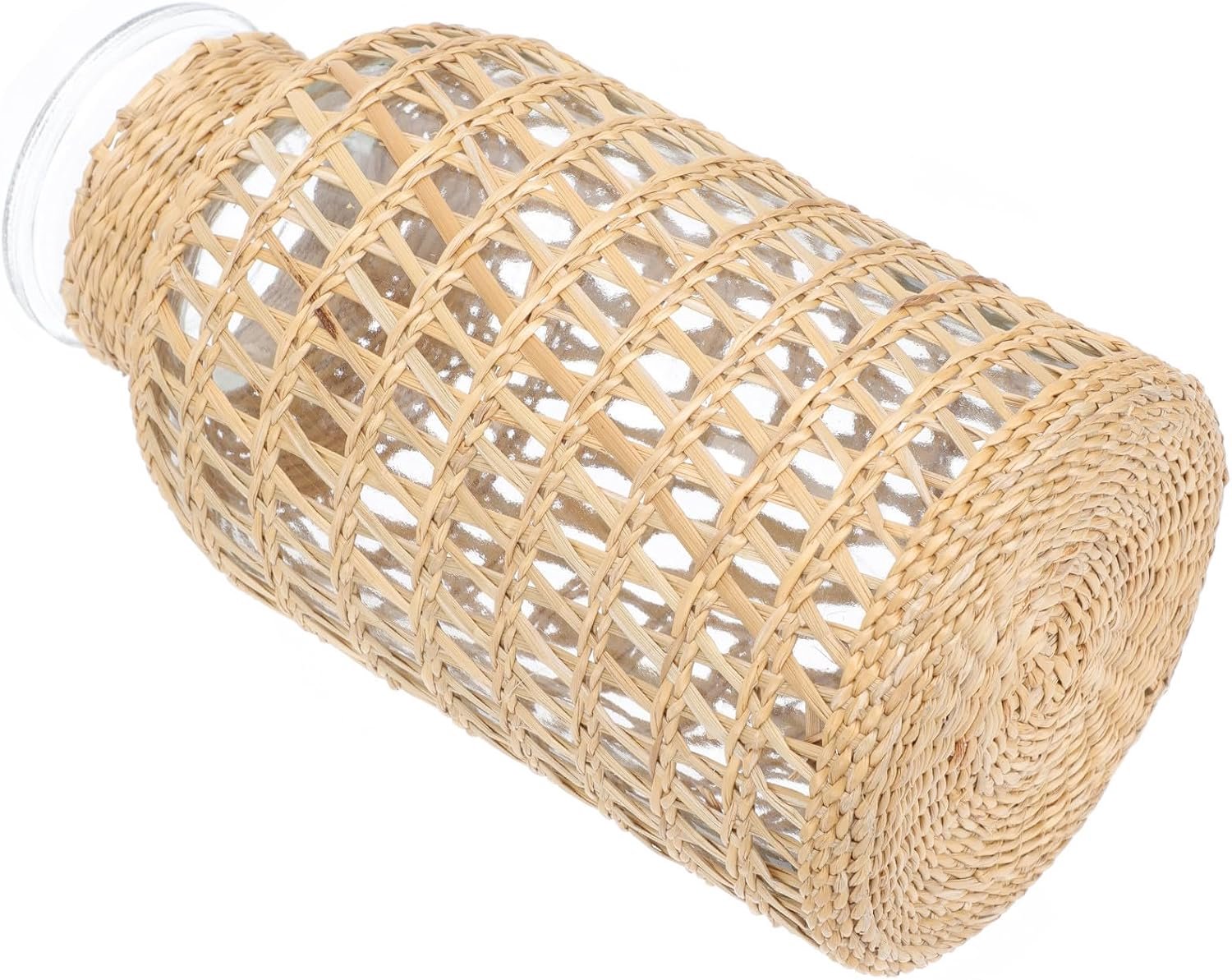 Rattan Gevlochten Glazen Vaas Vintage Stijl Creatieve Bloemhouder voor Huisdecoratie Kantoor Geschikt voor Verse Gedroogde Bloemen Landelijke Woondecoratie