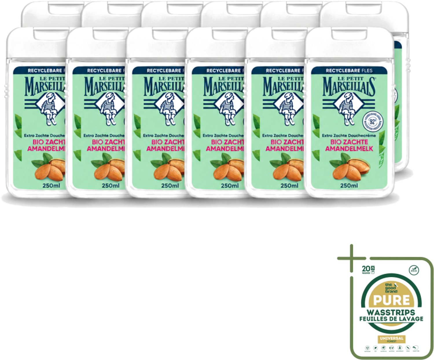 12 x Le Petit Marseillais – Douchecrème – Zoete Amandel – Hydraterend – 250 ml - Wasstrips - Douchecrème - Amandel - Hydraterend - Zachte Reiniging - Natuurlijke Ingrediënten