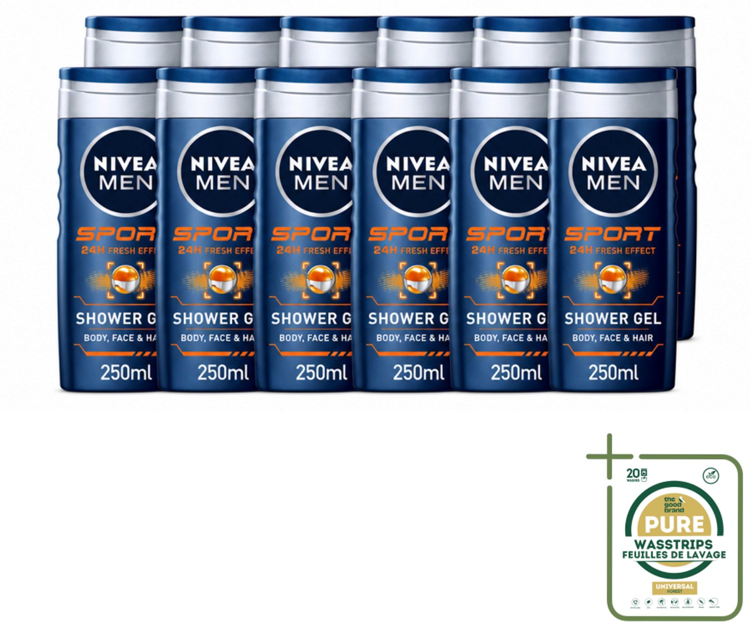 12 x NIVEA MEN – Douchegel – Sport – 250 ml - Wasstrips - Sportdouchegel - Fris Na Sporten - Verkoelend Na Inspanning - Sportgeur - Huid En Haar Verzorging