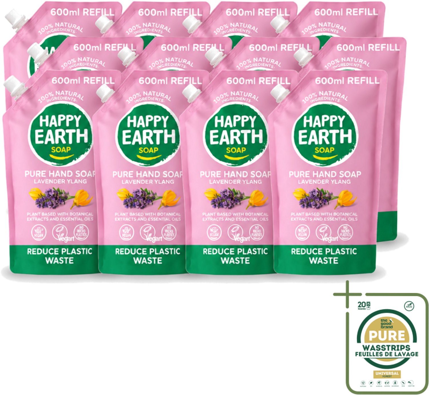 12 x Happy Earth – Handzeep Navulling – 100% Natuurlijk Lavender Ylang – 600 ml - Wasstrips - Handzeep Navulling - Natuurlijke Handzeep - Vegan Handzeep - Lavendel Handzeep - Ylang Handzeep