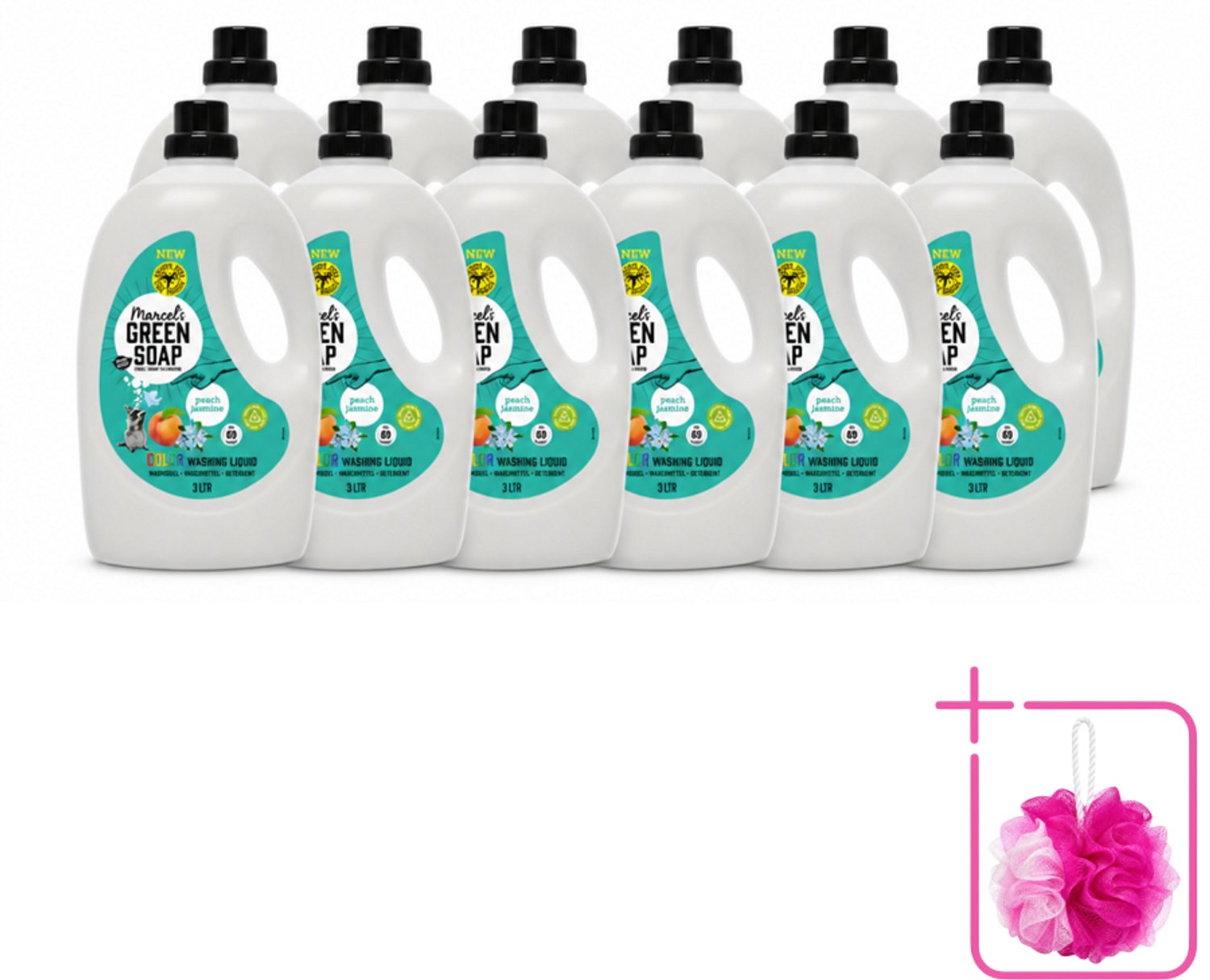 12 x Marcel's Green Soap - Vloeibaar Wasmiddel - Kleurwas - Perzik & Jasmijn - Natuurlijk & effectief - 69 wasbeurten - 3 liter - Bulkverpakking - Vloeibaar wasmiddel - Douchemop - Gekleurd was