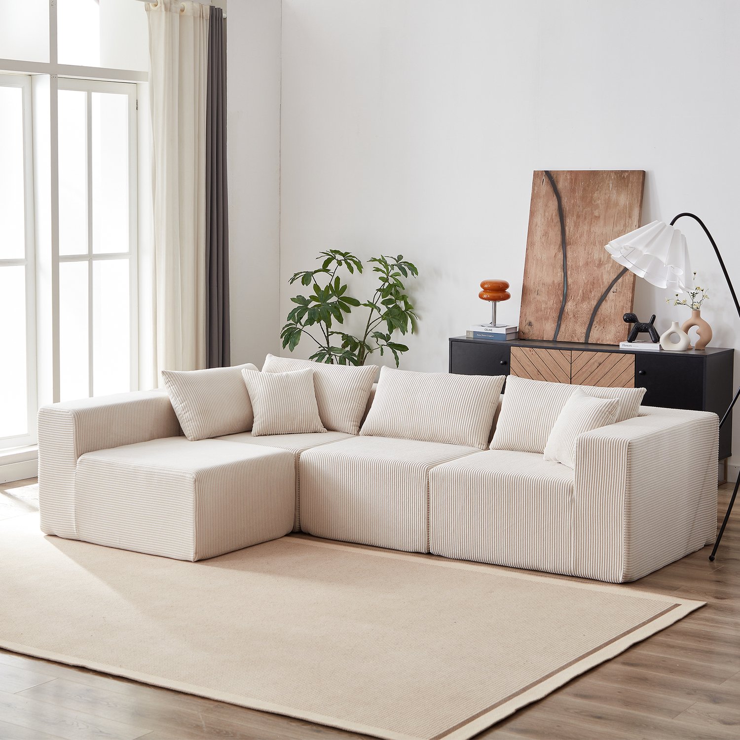 DESMIU Hoekbank 4-Zits - Modulaire L-Vormige Zithoek Zonder Montage - Voor Woonkamer En Slaapkamer - Ribfluweel Beige