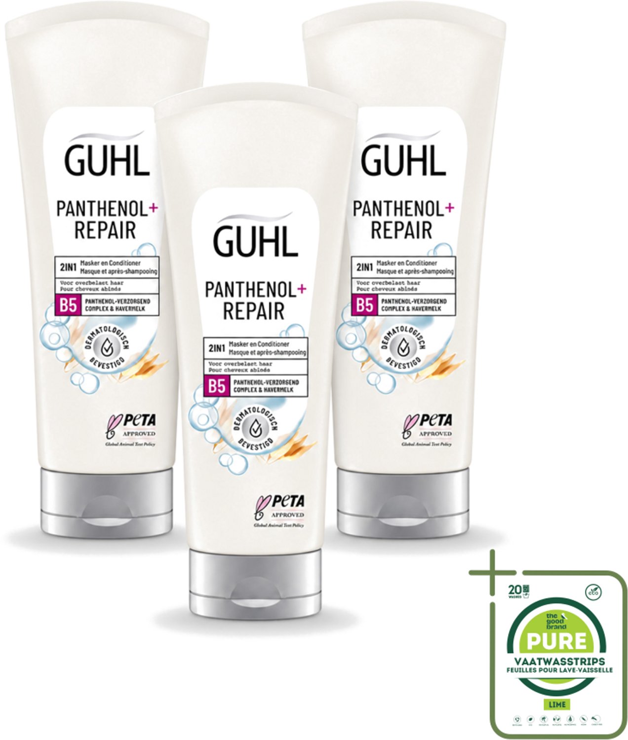 3 x Guhl – 2-in-1 Masker & Conditioner – Panthenol+Repair – 200 ml - Grootverpakking - Vaatwasstrips - Haarmasker - Conditioner - Panthenol - Haarverzorging - Haarherstel