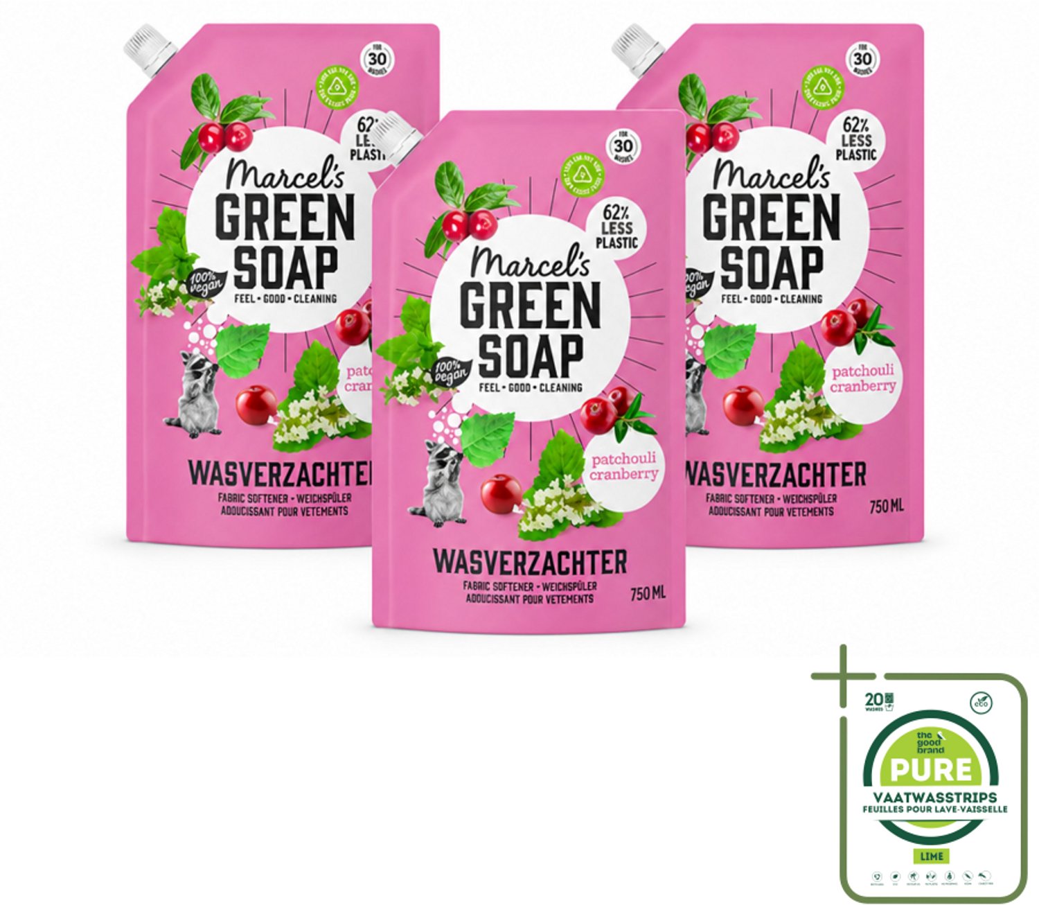 3 x Marcel’s Green Soap – Wasverzachter – Patchouli & Cranberry - Navulling – 750 ml - Grootverpakking - Vaatwasstrips - Wasverzachter - Navulling - Patchouli - Cranberry - Wasverzachter Navulling