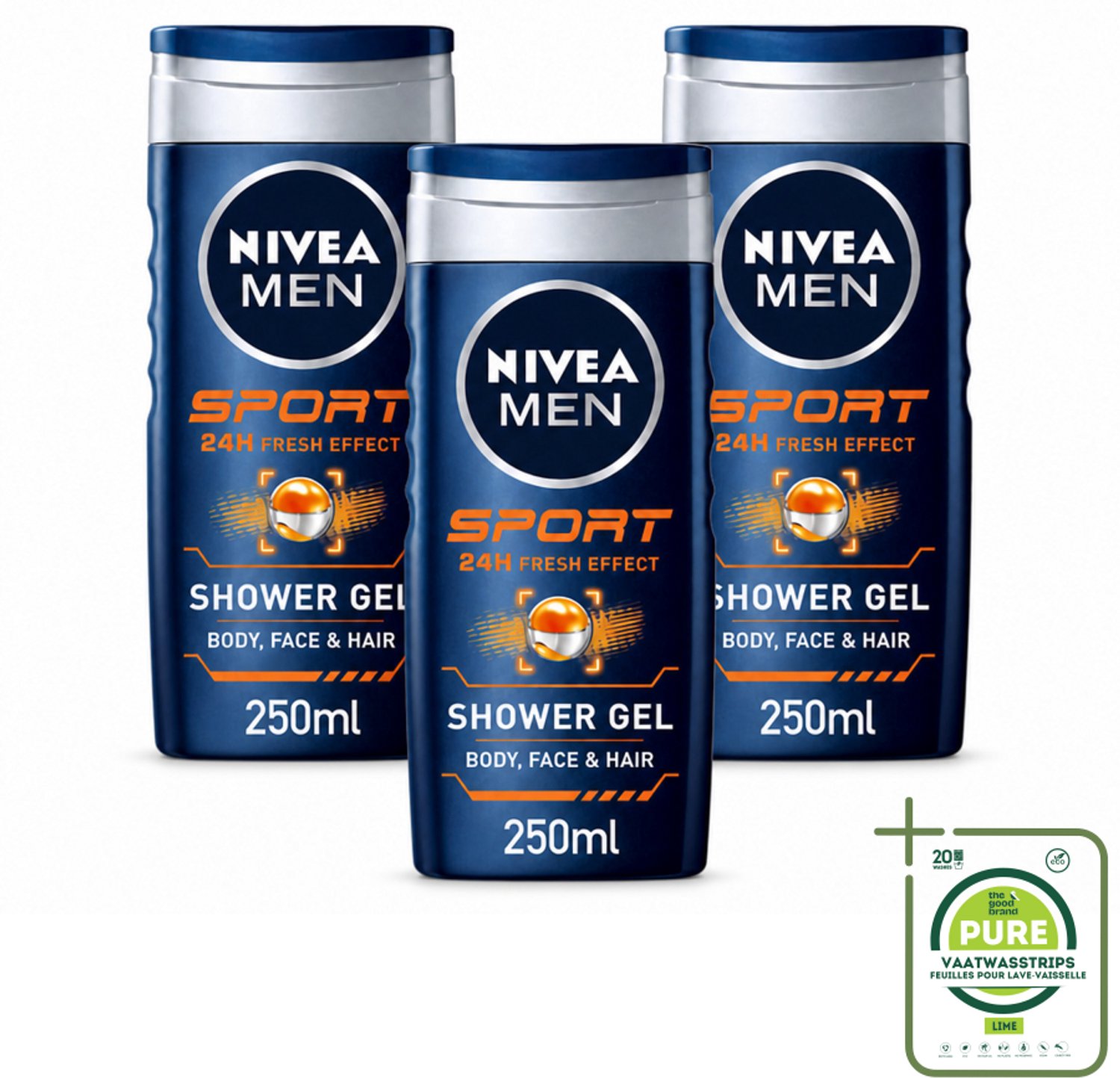 3 x NIVEA MEN – Douchegel – Sport – 250 ml - Grootverpakking - Vaatwasstrips - Sportdouchegel - Fris Na Sporten - Verkoelend Na Inspanning - Mannelijke Limoengeur - Huid En Haar Verzorging