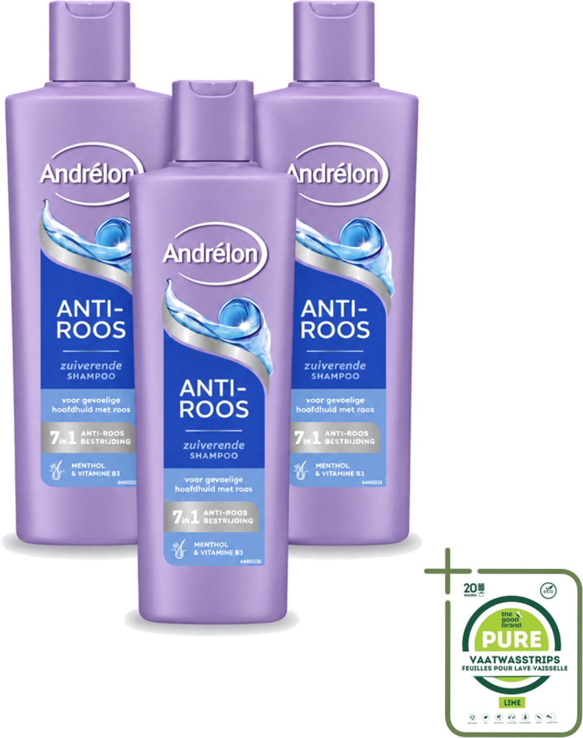 3 x Andrélon – Shampoo – Anti Roos – 250 ml - Grootverpakking - Vaatwasstrips - Roos Haar - Roos Hoofdhuid - Anti-roos Shampoo - Menthol Shampoo - Vitamine B3 Shampoo