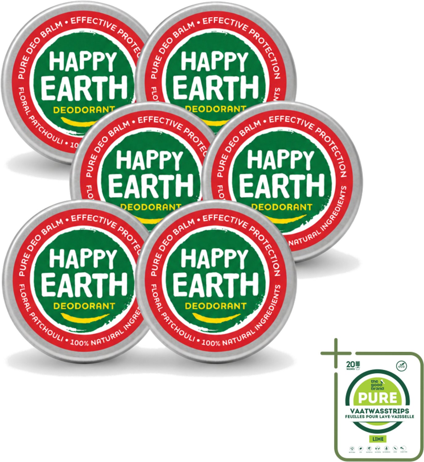 6 x Happy Earth – Deodorant Balm – 100% Natuurlijk Floral Patchouli – 45 g - Grootverpakking - Deodorant Balm - Natuurlijke Deodorant - Bloemige Geur - Patchouli - Huidvriendelijk