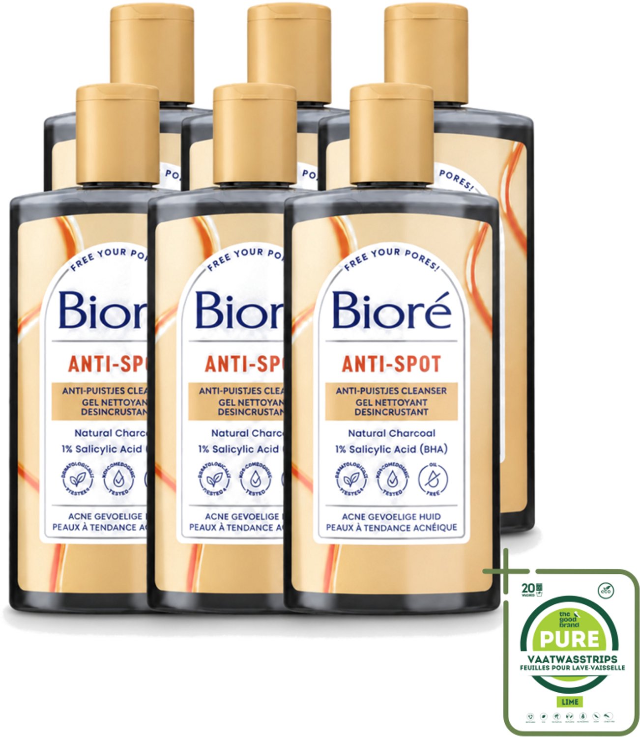 6 x Bioré – Houtskool Anti-Puistjes Reinigingsgel – Gezichtsreiniger – 200 ml - Grootverpakking - Vaatwasstrips - Houtskool Reinigingsgel - Puistjes Voorkomen - Gezicht Reinigen - Salicylzuur - Vet Huid Reinigen