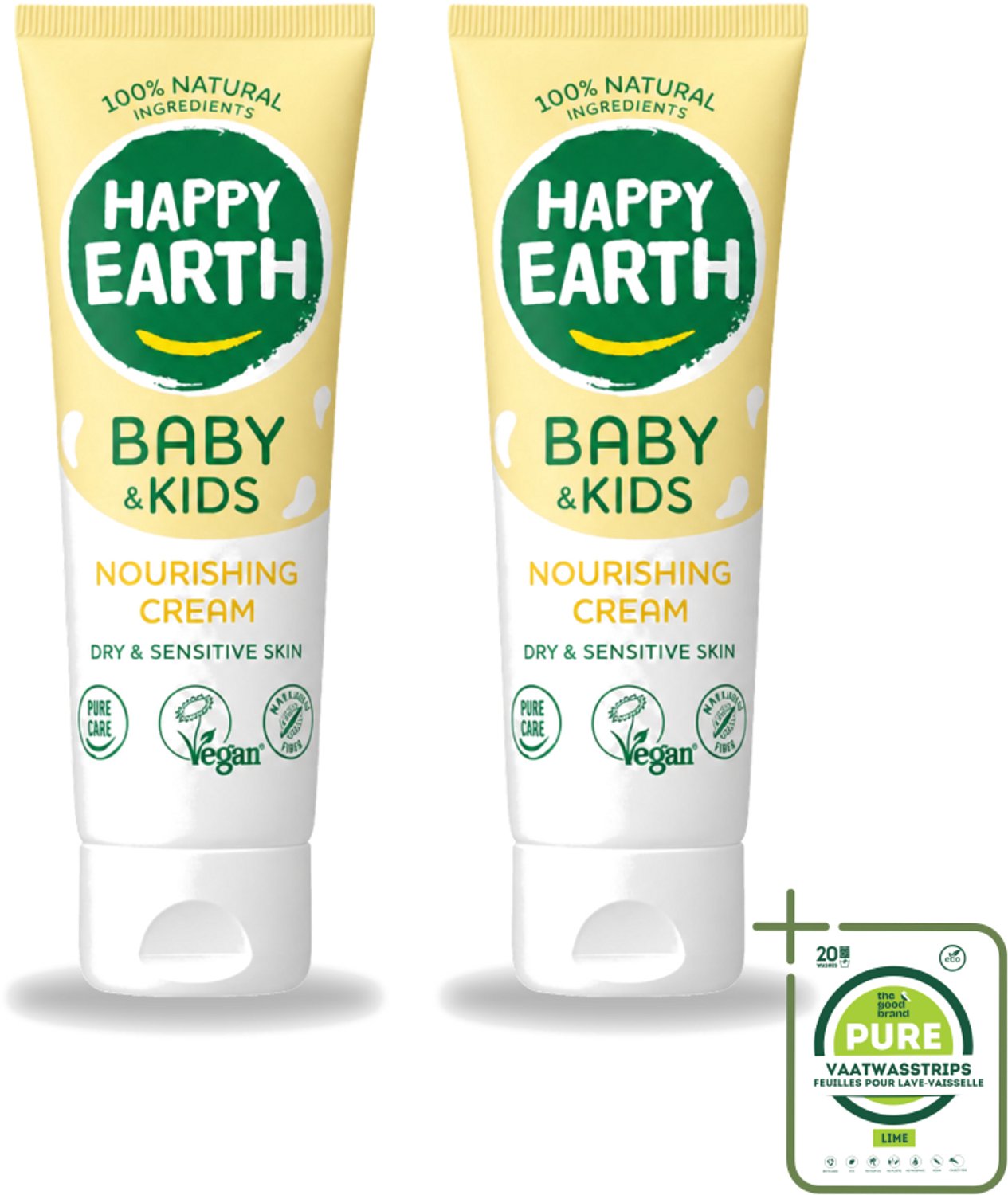2 x Happy Earth – Nourishing Cream – 100% Natuurlijk Baby & Kids – 75 ml - Grootverpakking - Vaatwasstrips - Natuurlijke Crème - Gevoelige Huid - Baby Crème - Droge Huid - Sheaboter