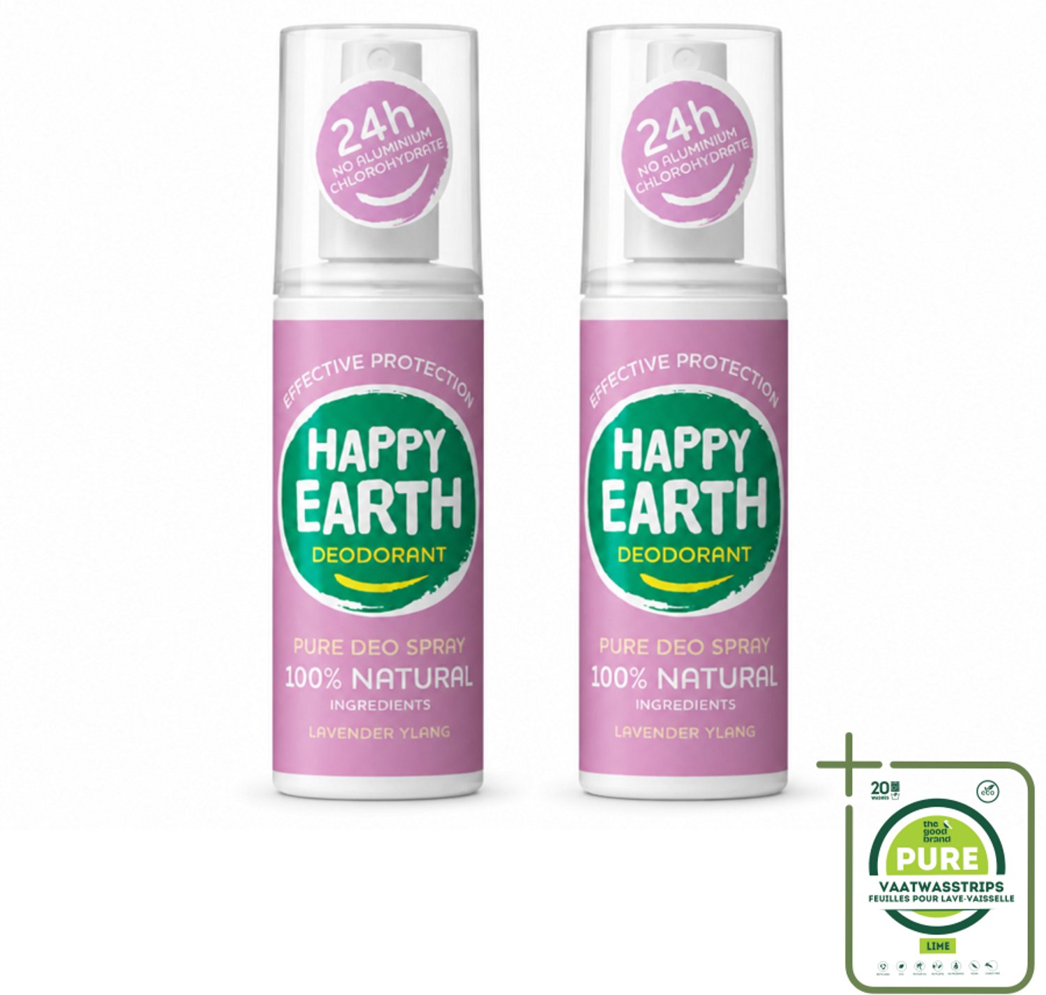 2 x Happy Earth – Deodorant Spray – 100% Natuurlijk Lavender Ylang – 100 ml - Grootverpakking - Vaatwasstrips - Deodorant Spray - Natuurlijke Deodorant - Lavendel En Ylang-ylang - Huidvriendelijk - Vrij Van Aluminium
