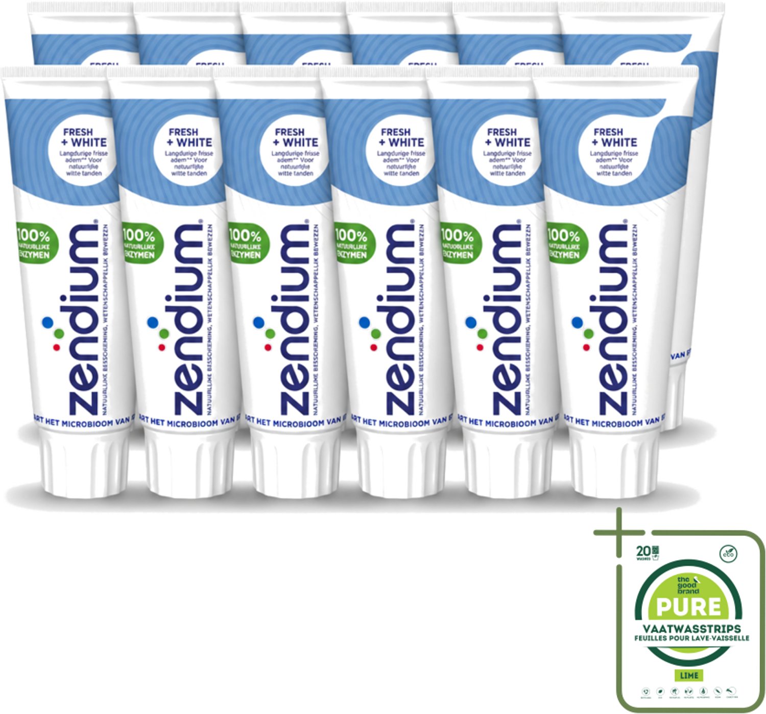 12 x Zendium - Tandpasta - Fresh+ White - 75 ml - Grootverpakking - Vaatwasstrips - Tandpasta - Frisse Adem - Witte Tanden - Enzymen - Fluoride