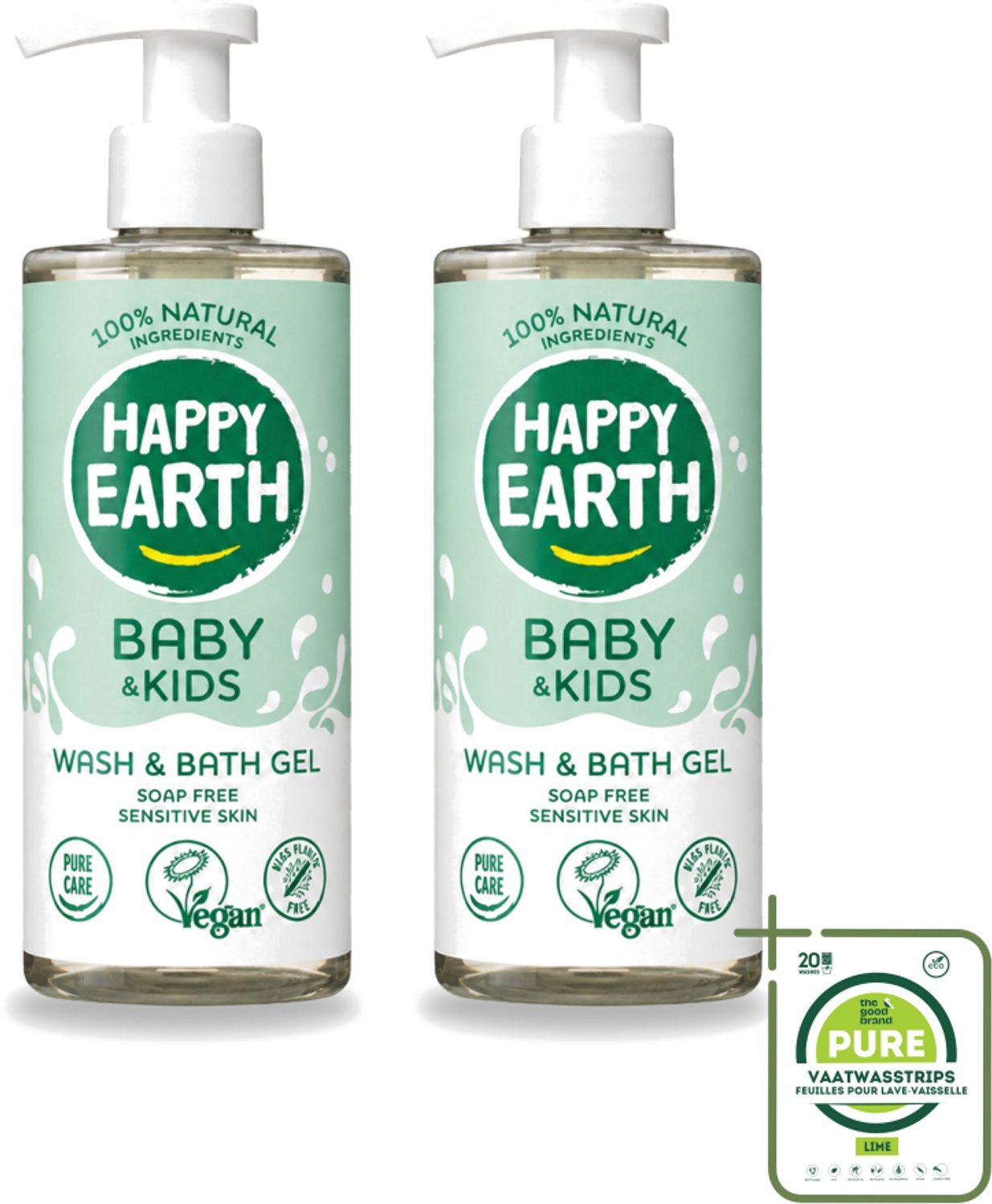 2 x Happy Earth – Was & Badgel – Zeepvrij Baby & Kids – 300 ml - Grootverpakking - Vaatwasstrips - Wasgel - Huidverzachter - Babywasgel - Natuurlijke Wasgel - Allergeenvrije Wasgel