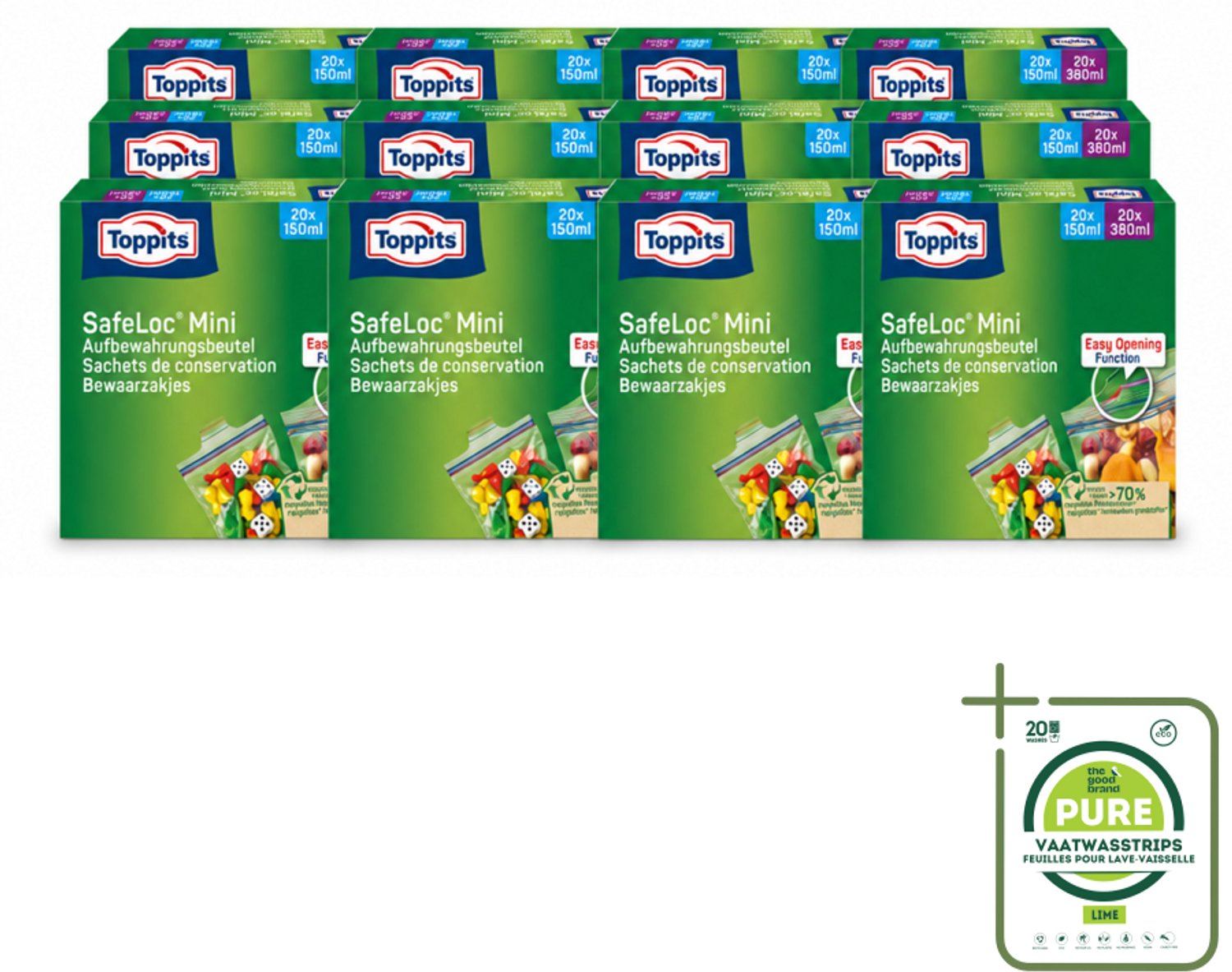 12 x Toppits – Safeloc Mini Zip-Zakjes – 40 Zakjes - Grootverpakking - Vaatwasstrips - Mini Zakjes - Lekvrij - Herbruikbaar - Scheurvast - Droog