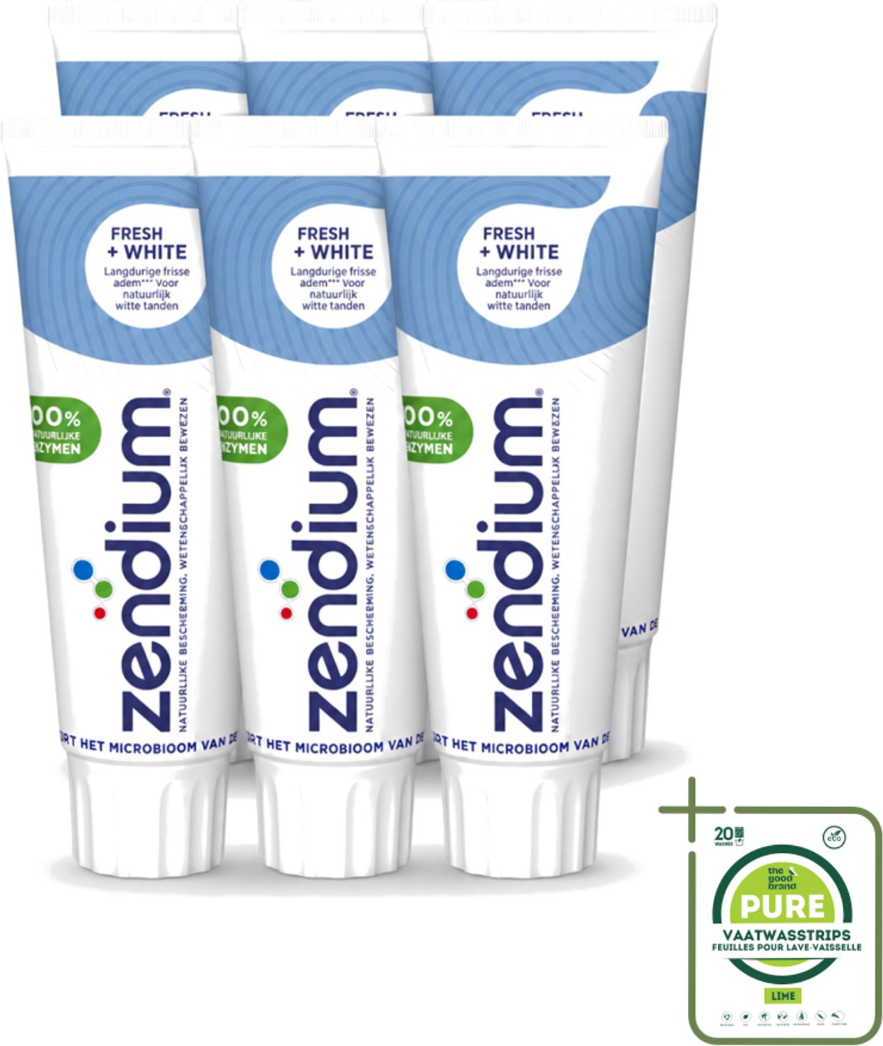 6 x Zendium - Tandpasta - Fresh+ White - 75 ml - Grootverpakking - Vaatwasstrips - Tandpasta - Frisse Adem - Witte Tanden - Enzymen - Fluoride