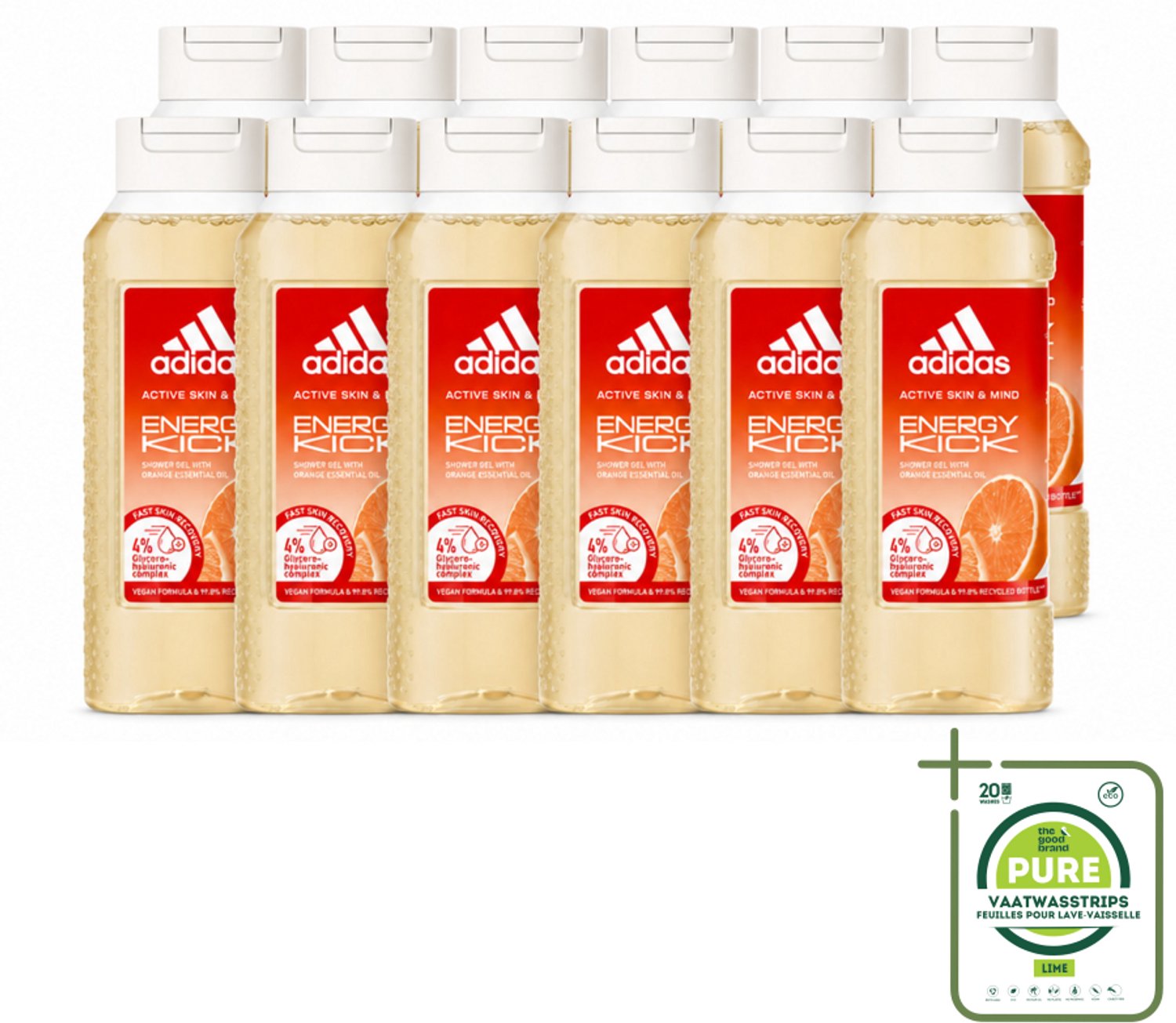 12 x Adidas – Douchegel – Active Skin & Mind Energy Kick – 250 ml - Grootverpakking - Vaatwasstrips - Energie - Sport - Energieboost - Douchegel - Activiteit