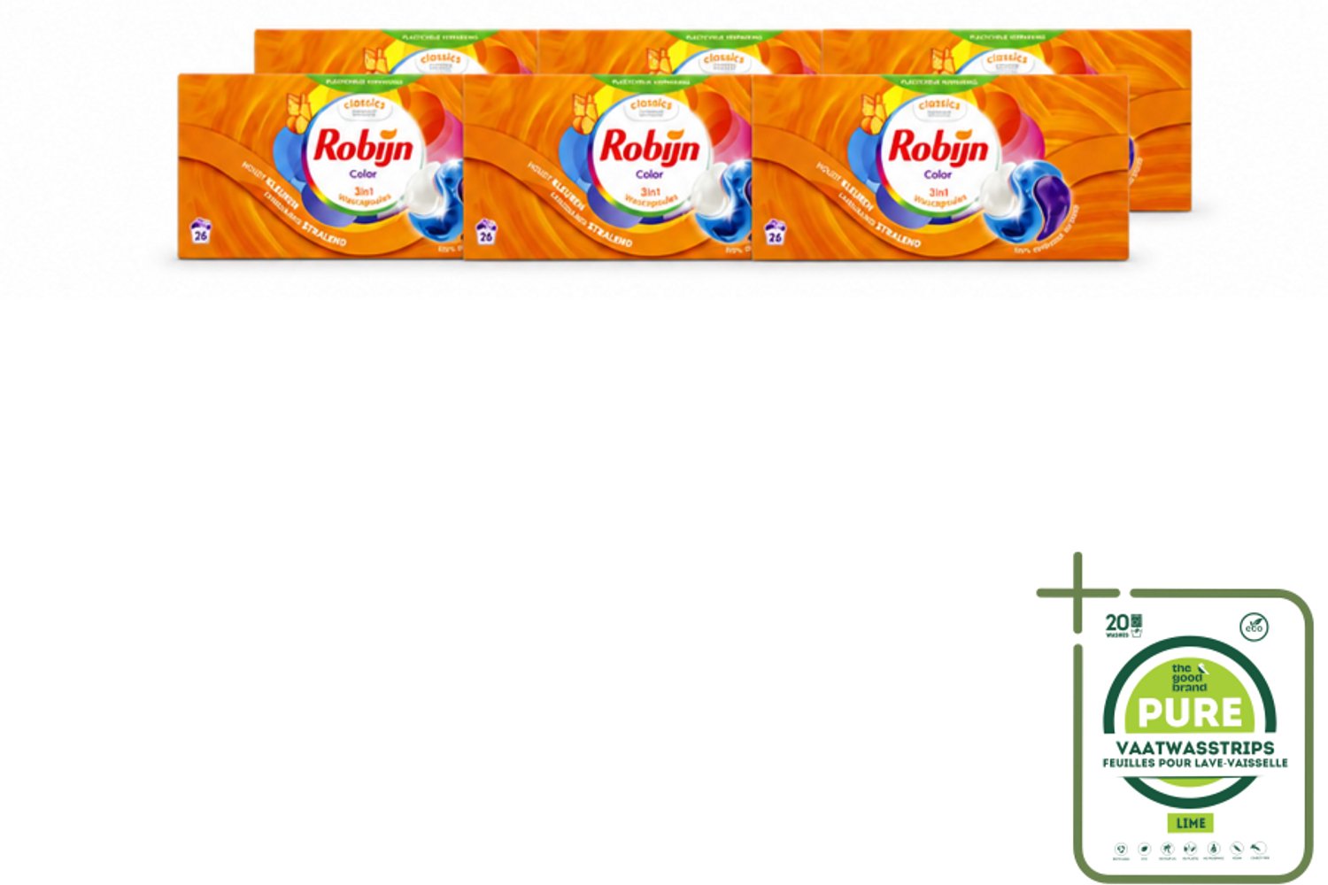 6 x Robijn – 3-in-1 Wascapsules – Color - 26 Capsules - Grootverpakking - Vaatwasstrips - Kleurverzorging - Wascapsules - Wasgeur - Wasverzachter - Kleurbehoud