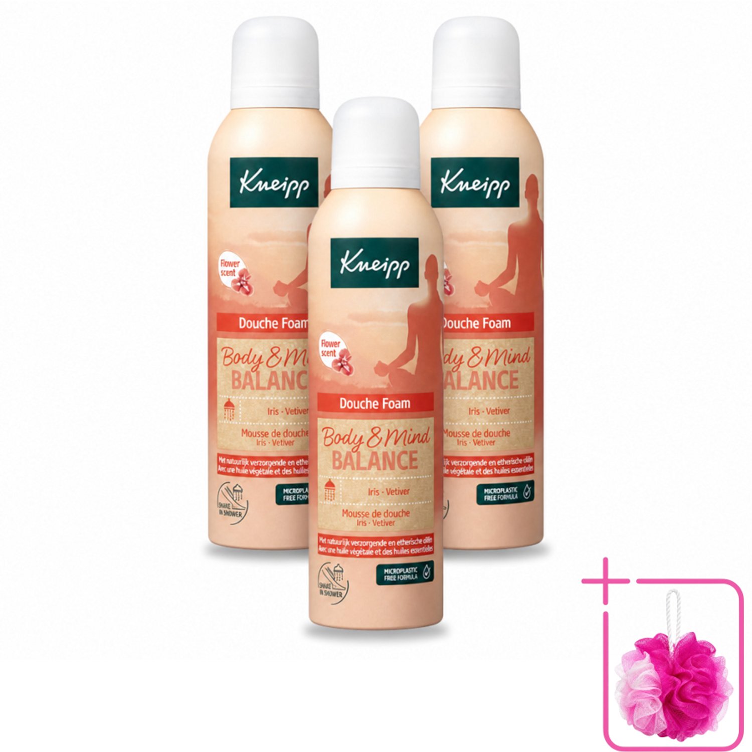 3 x Kneipp - Douche schuim - Body & Mind Balance - Iris & Vetiver - 200 ml - Bulkverpakking - Douche foam - Douchemop - Rust