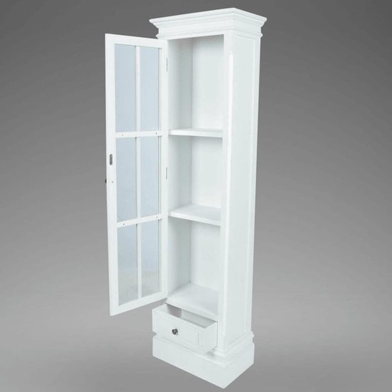 Vintage rek met glazen deur en lade, organizer met 3 planken voor kantoor, woonkamer of slaapkamer, wit meubelstuk met antieke afwerking en stijl — afbeelding 3