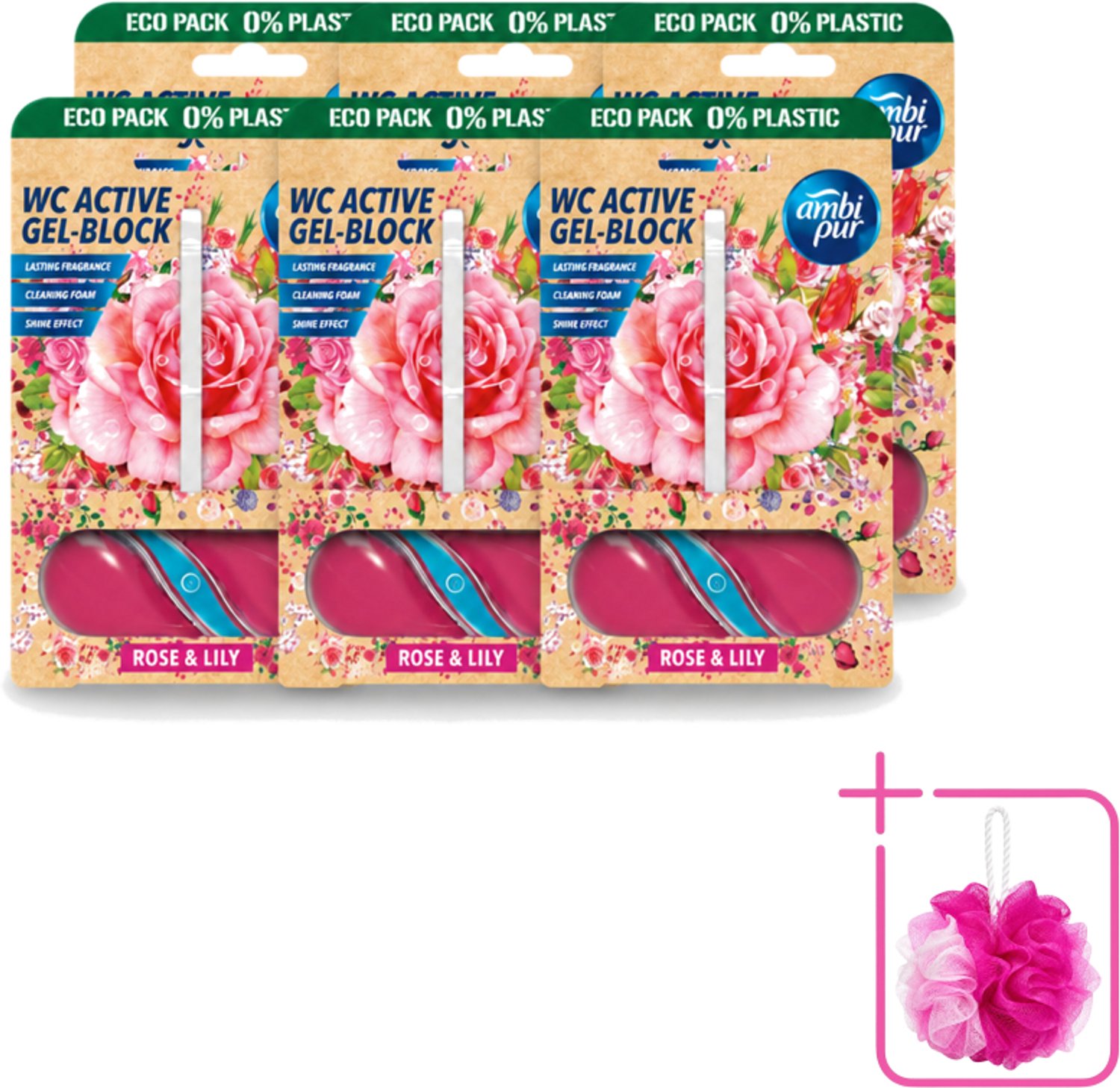 6 x Ambi Pur – Toiletblok – Roos & Lelie – 45 g - Bulkverpakking - Toiletblok roos en lelie - Douchemop - Frisse geur toilet
