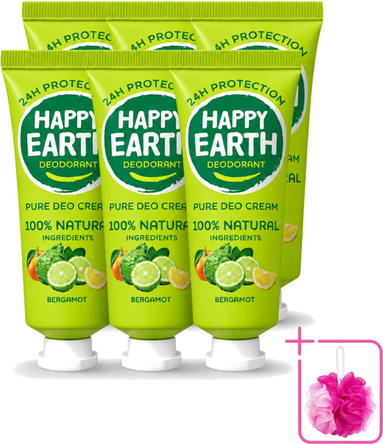 6 x Happy Earth – Deodorant Cream – 100% Natuurlijk Bergamot – 40 ml - Bulkverpakking - Natuurlijke deodorant - Bergamot deodorant