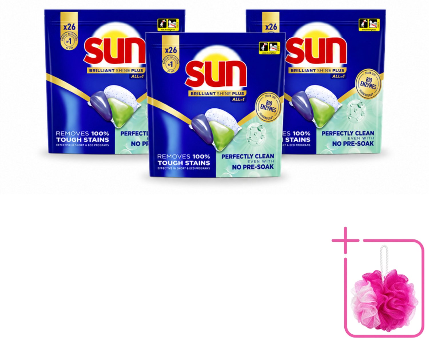 3 x Sun – Vaatwascapsules – Brilliant Shine+ All-in-1 - 26 capsules - Bulkverpakking - Vaatwasmiddel - Douchemop - Vaatwascapsules