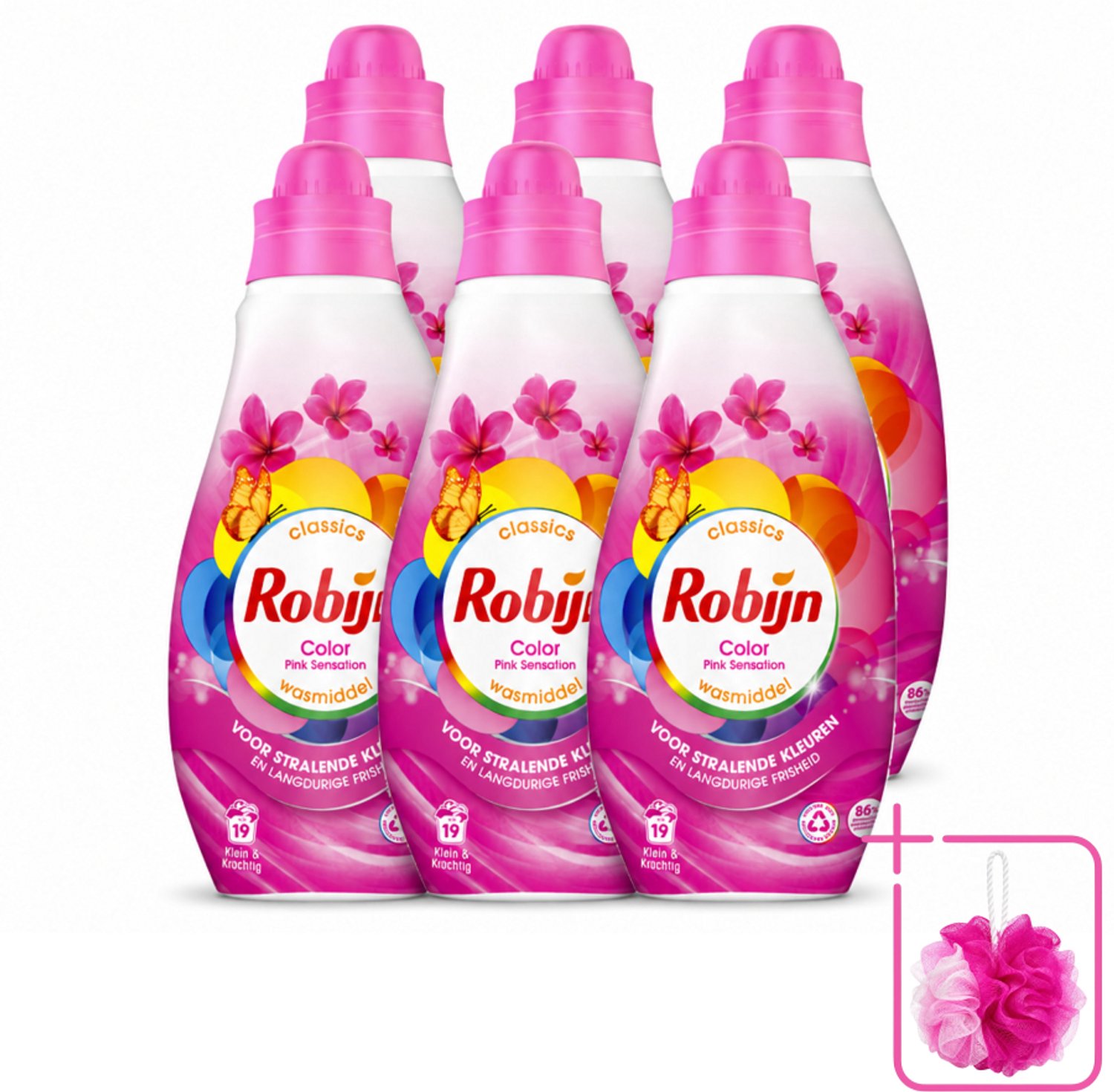 6 x Robijn - Klein & Krachtig Classics Color Pink Sensation - Vloeibaar Wasmiddel - 19 Wasbeurten - Bulkverpakking - Kleurbehoud - Douchemop - Frisse was