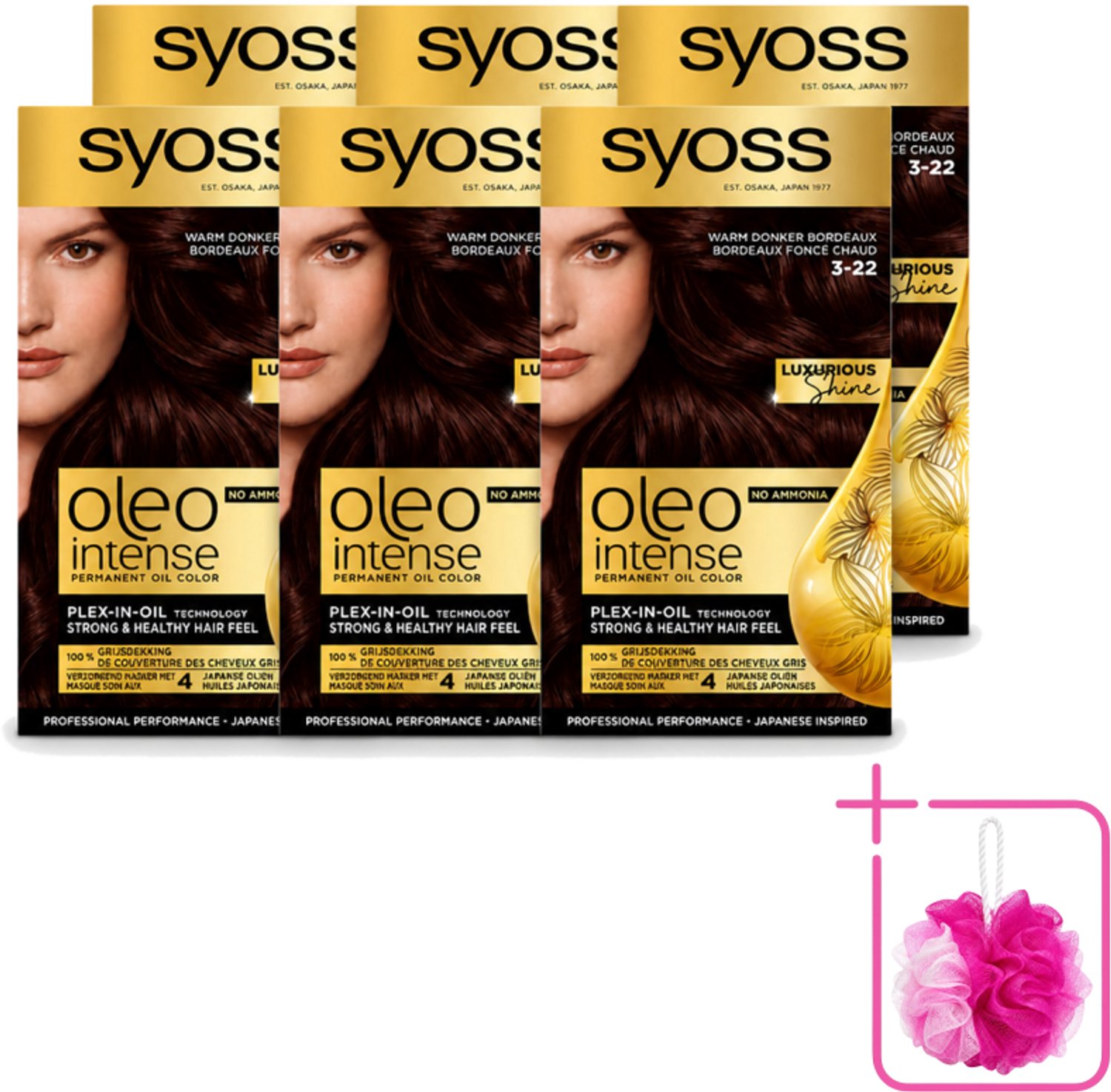 6 x SYOSS - Oleo Intense 3-22 - Haarverf - Permanente Haarkleuring - Warm Donker Bordeaux - Langdurige Kleur - Bulkverpakking - Haarkleur - Douchemop - Haarkleuring
