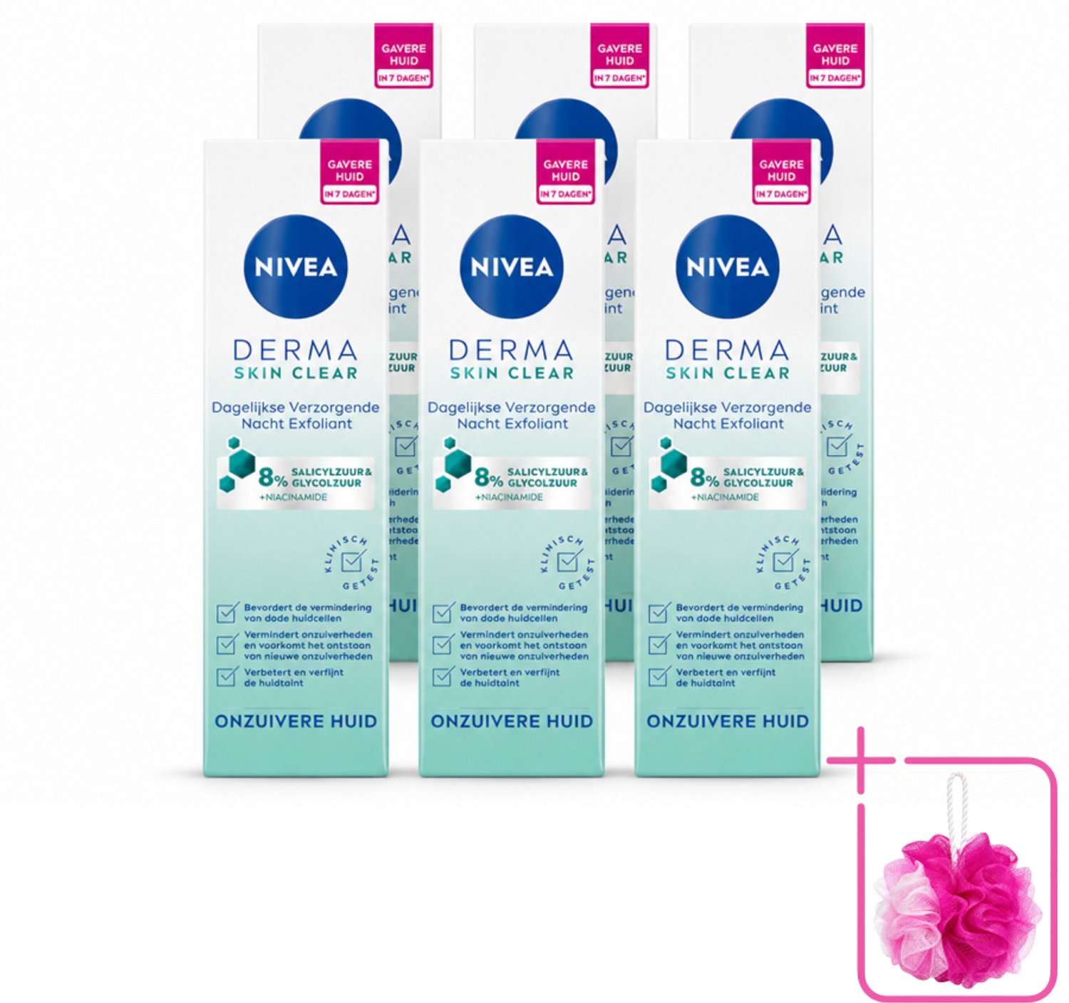 6 x NIVEA - Nacht Exfoliant - DERMA Huidzuiver Dagelijkse Verzorging - Met Salicylzuur (AHA), Glycolzuur & Niacinamide - Tegen Acne & Mee-eters - 40 ml - Bulkverpakking - Nacht exfoliant - Douchemop - Huid reinigen
