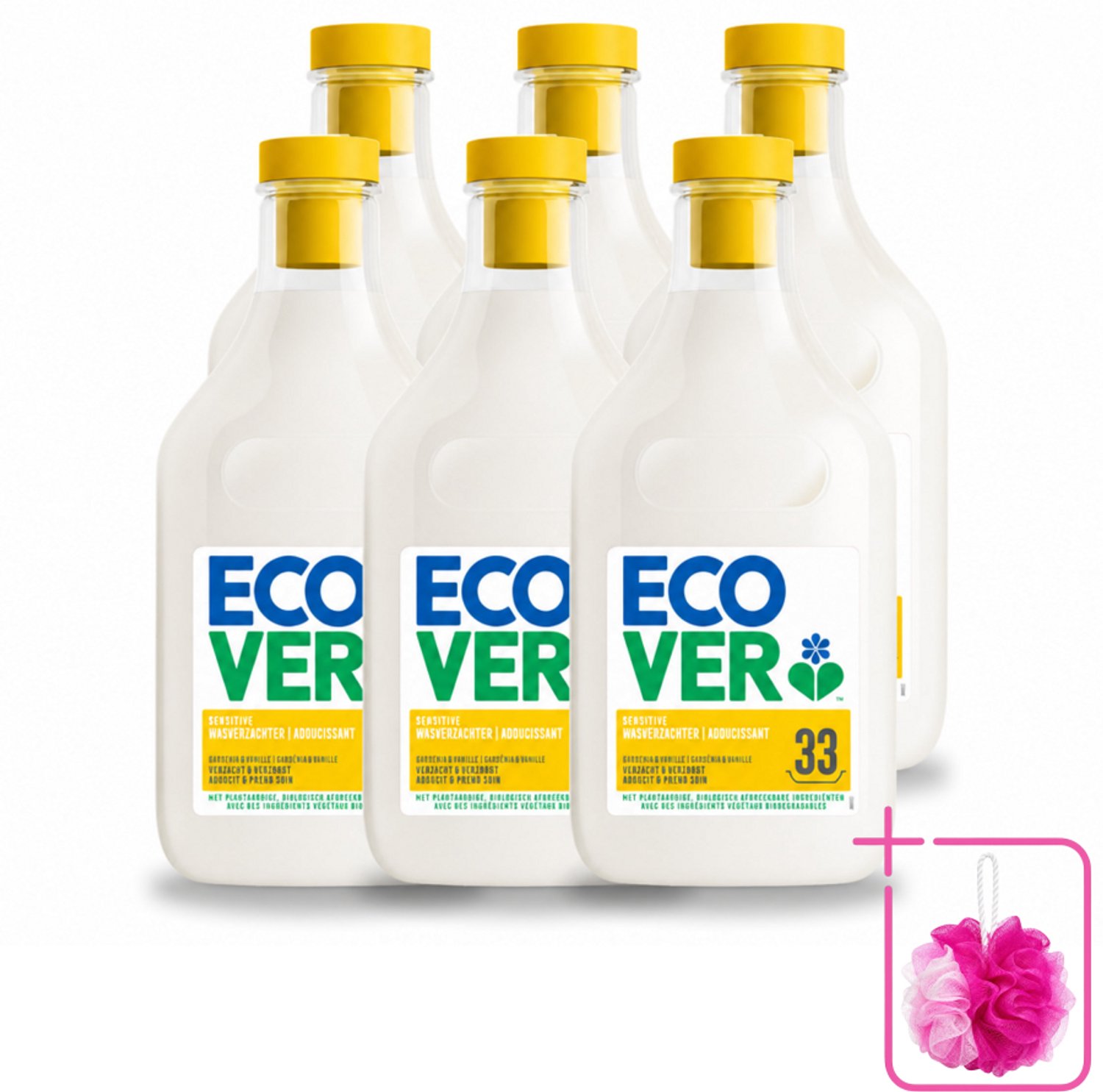 6 x Ecover - Wasverzachter - Gardenia - 1 liter - 33 wasbeurten - Bulkverpakking - Wasverzachter - Douchemop - Wasverzachter gardenia en vanille