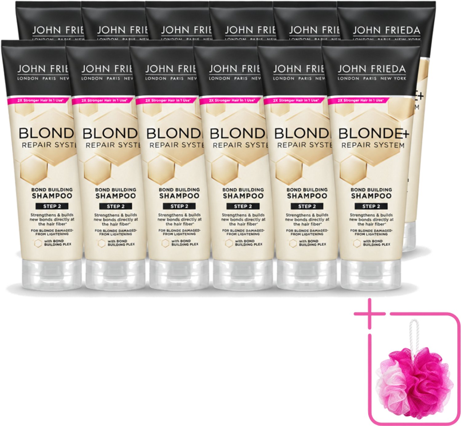 12 x John Frieda – Shampoo – Blonde+ Repair Bond Building – Herstellend – 250 ml - Bulkverpakking - Blond haar herstellen - Douchemop - Beschadigd haar herstellen