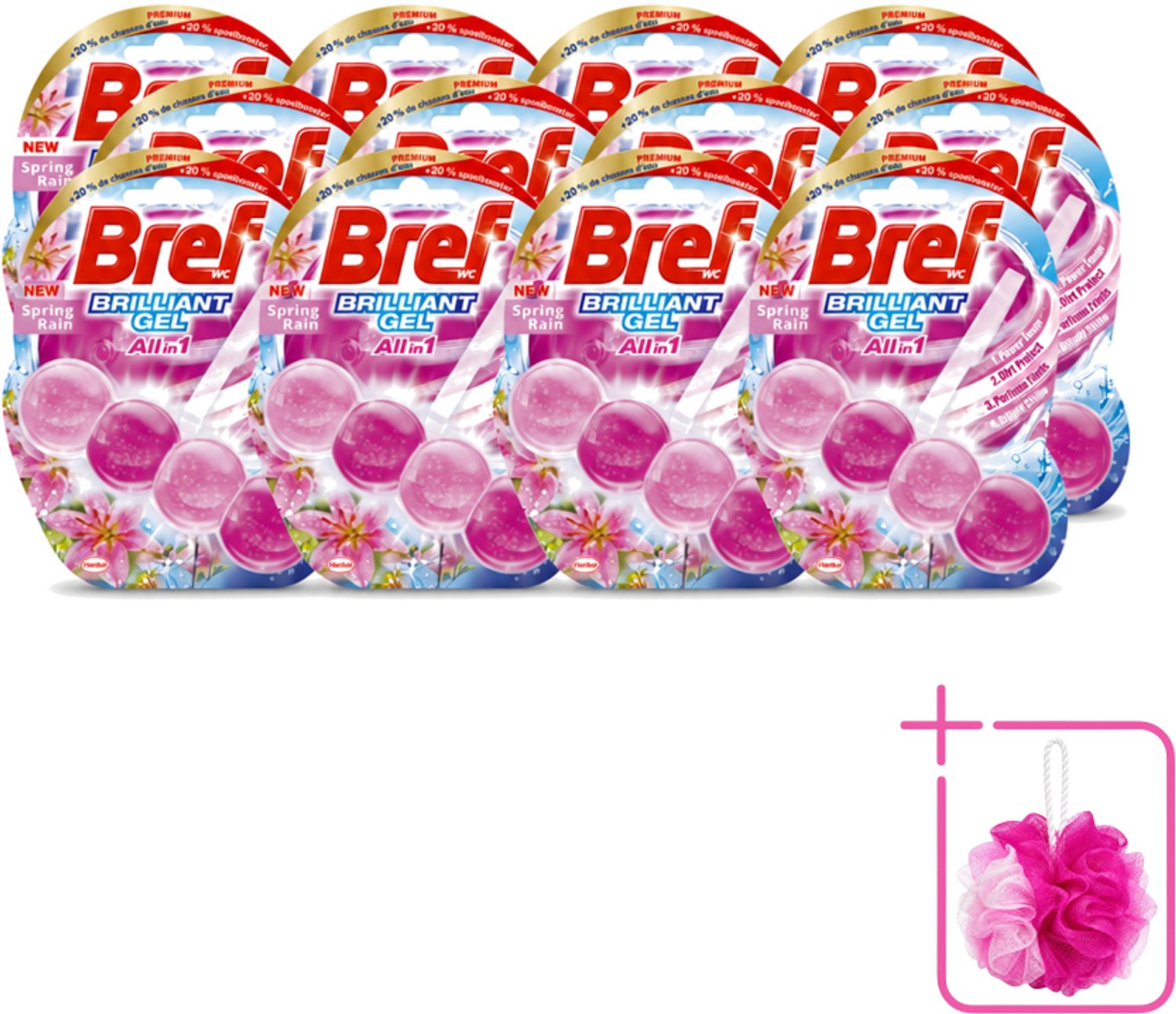 12 x Bref - Toiletblok - Brilliant Gel - Spring Rain - 42g - Bulkverpakking - Toilet reinigen - Douchemop - Toilet fris