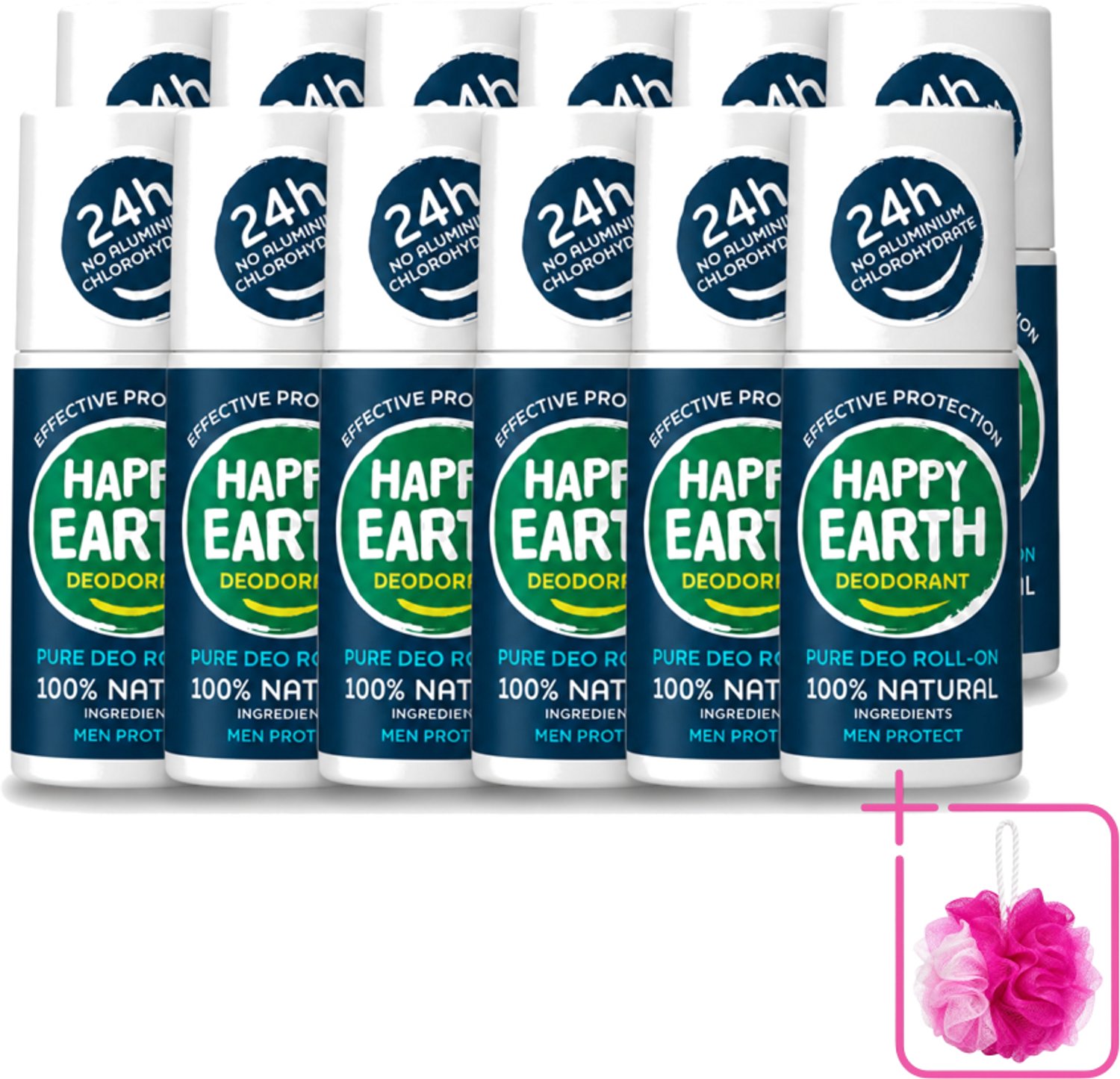 12 x Happy Earth – Deodorant Roll-On – 100% Natuurlijk Men Protect – 75 ml - Bulkverpakking - Natuurlijke deodorant voor mannen - Douchemop - Frisse geur